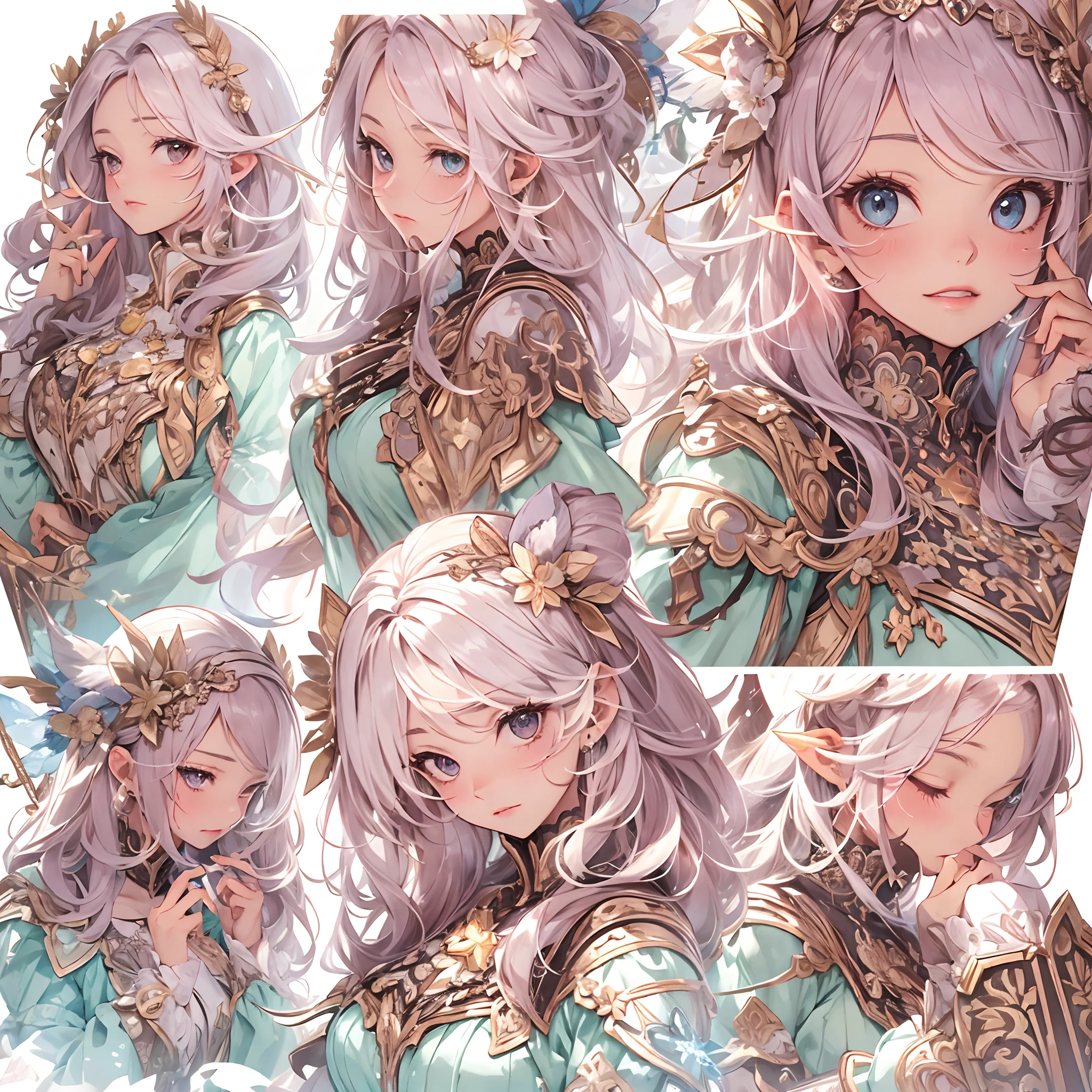 ((Masterpiece, Highest quality)), Detailed face, CharacterDesignSheet, full bodyesbian, Full of details, Multiple poses and expressions, Highly detailed, Depth, Many parts,white backgrounid,Beautiful paladin girl,estilo fantasia,Holding a shield,Extremely beautiful,Irridescent color,Seven colors,High Balance, Natural light, Lace,lacepantyhose,starrysky,Star decoration