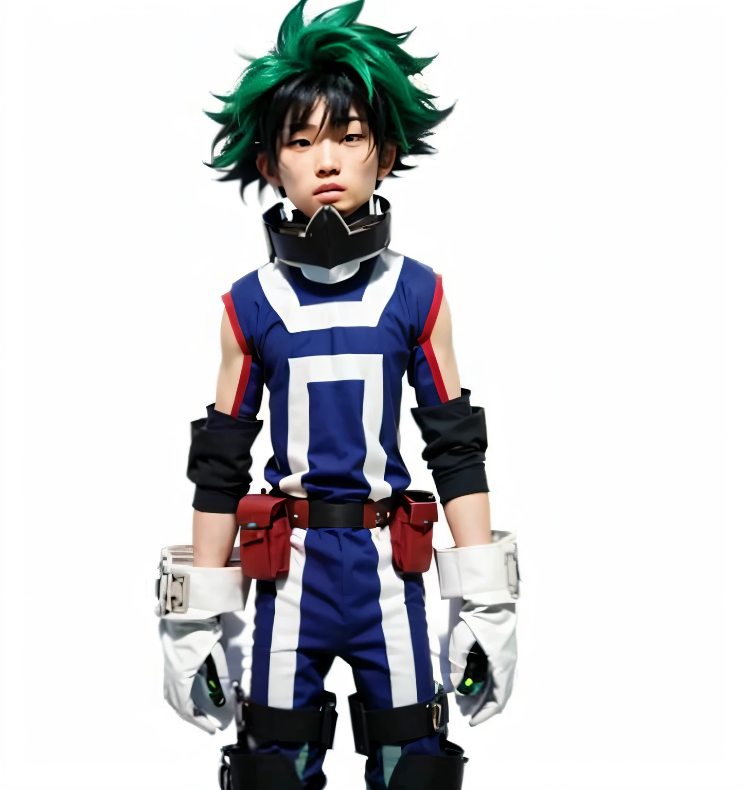 a handsome asian man with green hair with big white gloves in his hands and a black metalic mask around his neck, ultra realistic, high quality, detailed face