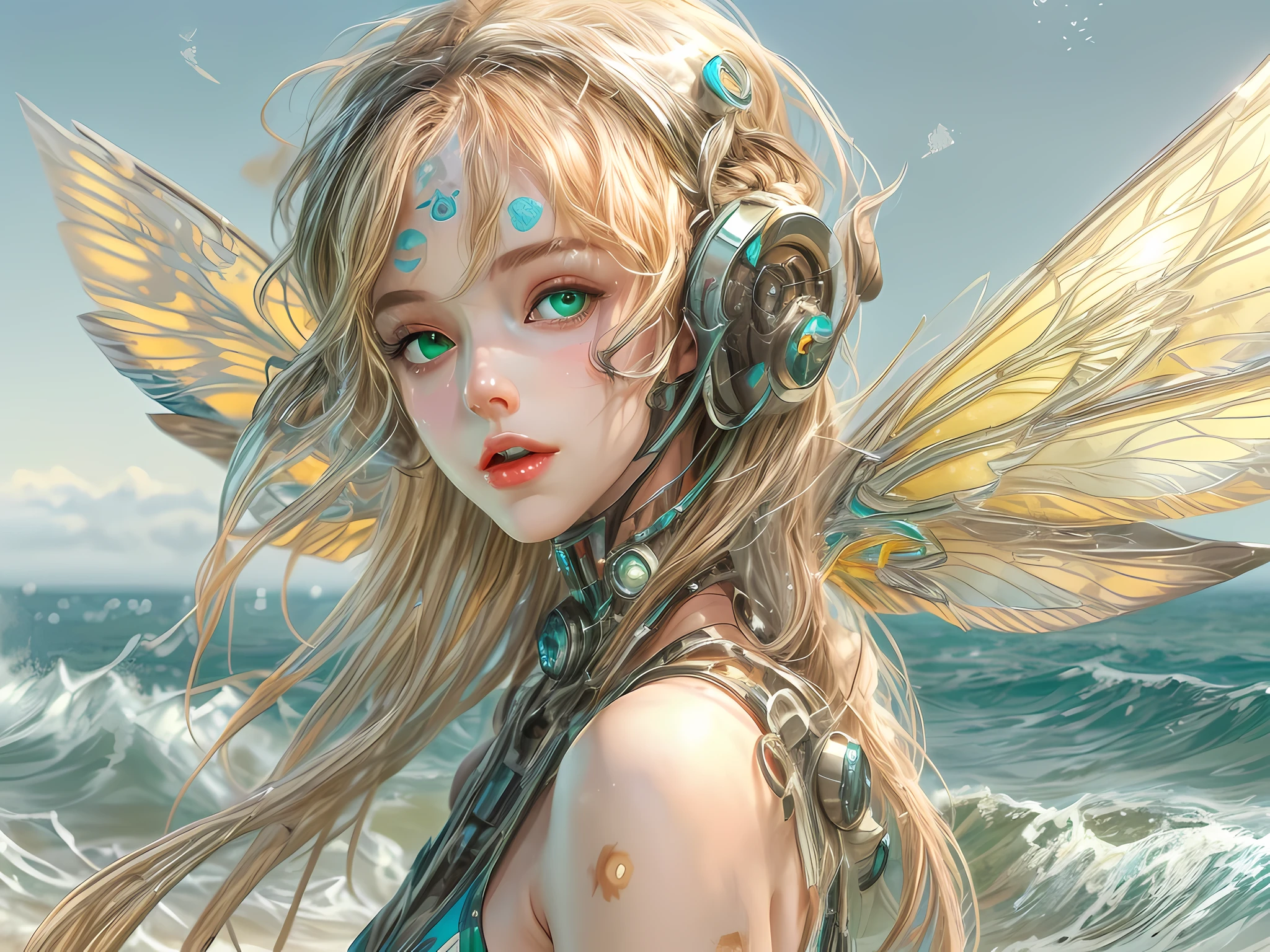 a picture of a mecha woman having a tan at the sea, (full body: 1.2), an exquisite beautiful (ultra detailed, Masterpiece, best quality: 1.3) female mecha woman, dynamic angle (best detailed, Masterpiece, best quality), best detailed face (best detailed, Masterpiece, best quality), ultra feminine (best detailed, Masterpiece, best quality), blond hair, long hair, braided hair, green eyes color, fairy_wings spread bright colors (mechanical fairyl wings: 1.2), (wearing bathing suit: 1.4), standing at the sea, wavy sea, sands, day light, sun rising, fun atmosphere, ultra wide angle shot, high details, fantasy art, RPG art best quality, 16k, [ultra detailed], masterpiece, best quality, (ultra detailed), full body, ultra wide shot, photorealistic,
