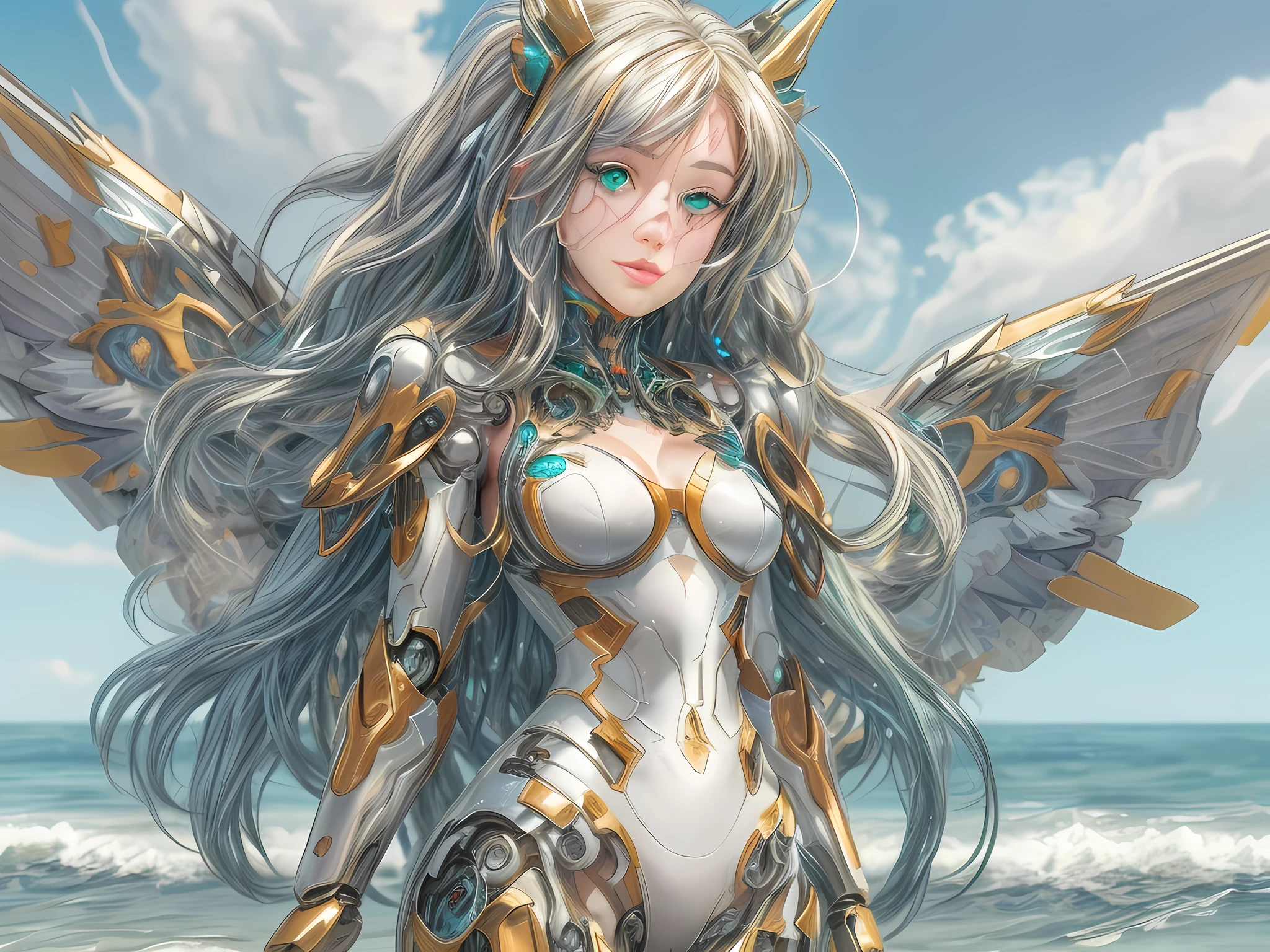 a picture of a mecha woman having a tan at the sea, (full body: 1.2), an exquisite beautiful (ultra detailed, Masterpiece, best quality: 1.3) female mecha woman, dynamic angle (best detailed, Masterpiece, best quality), best detailed face (best detailed, Masterpiece, best quality), ultra feminine (best detailed, Masterpiece, best quality), blond hair, long hair, braided hair, green eyes color, fairy_wings spread bright colors (mechanical fairyl wings: 1.2), (wearing bathing suit: 1.4), standing at the sea, wavy sea, sands, day light, sun rising, fun atmosphere, ultra wide angle shot, high details, fantasy art, RPG art best quality, 16k, [ultra detailed], masterpiece, best quality, (ultra detailed), full body, ultra wide shot, photorealistic,