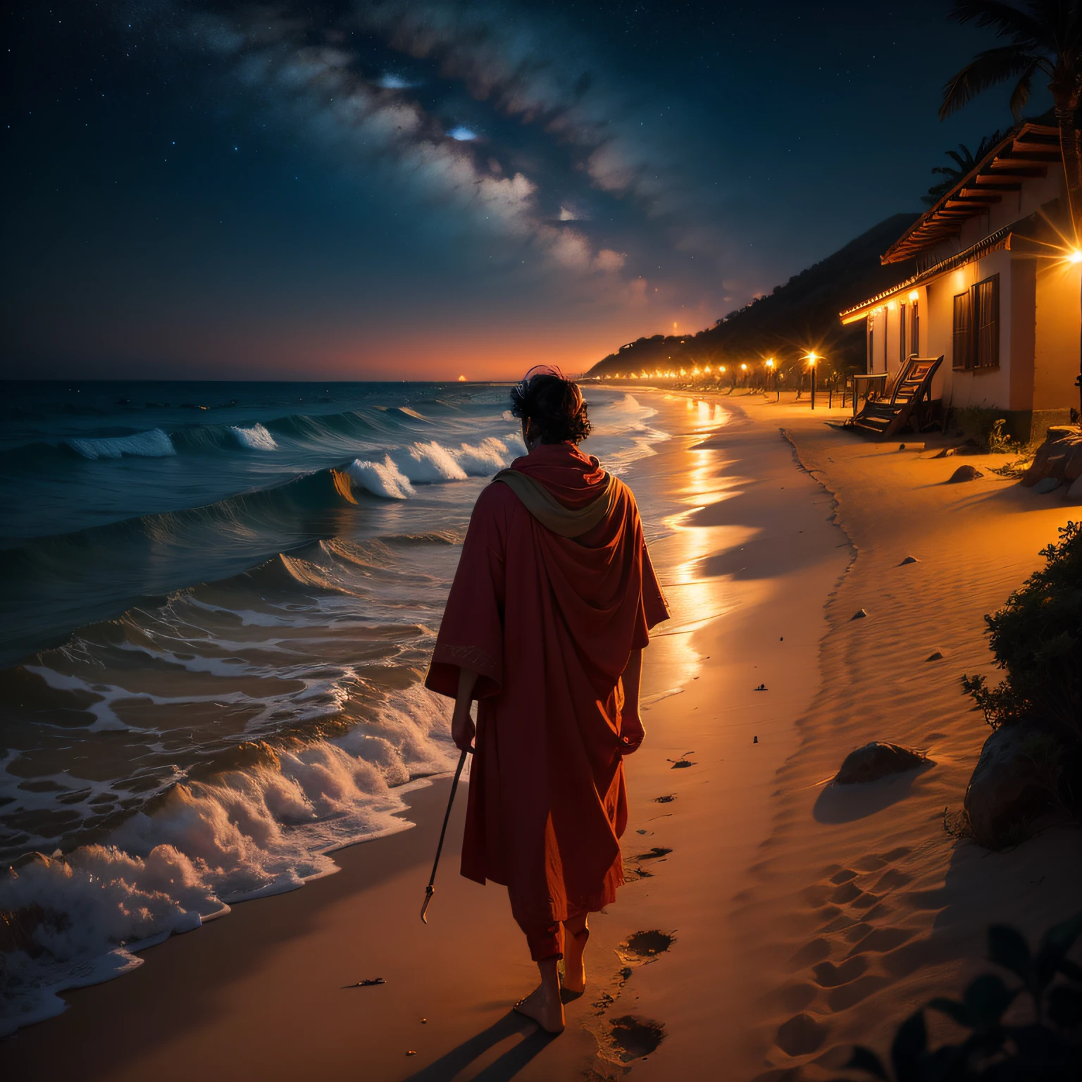1 hombre，amargura，desamparo，Playa，la noche，soledad，