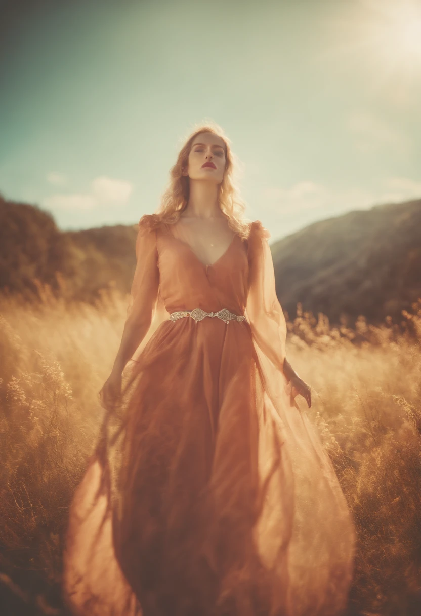 Surreal vintage Loepfe concept fashion photography, Psychedelic cross-processing multi-exposure daylight, Strong intentional camera movement