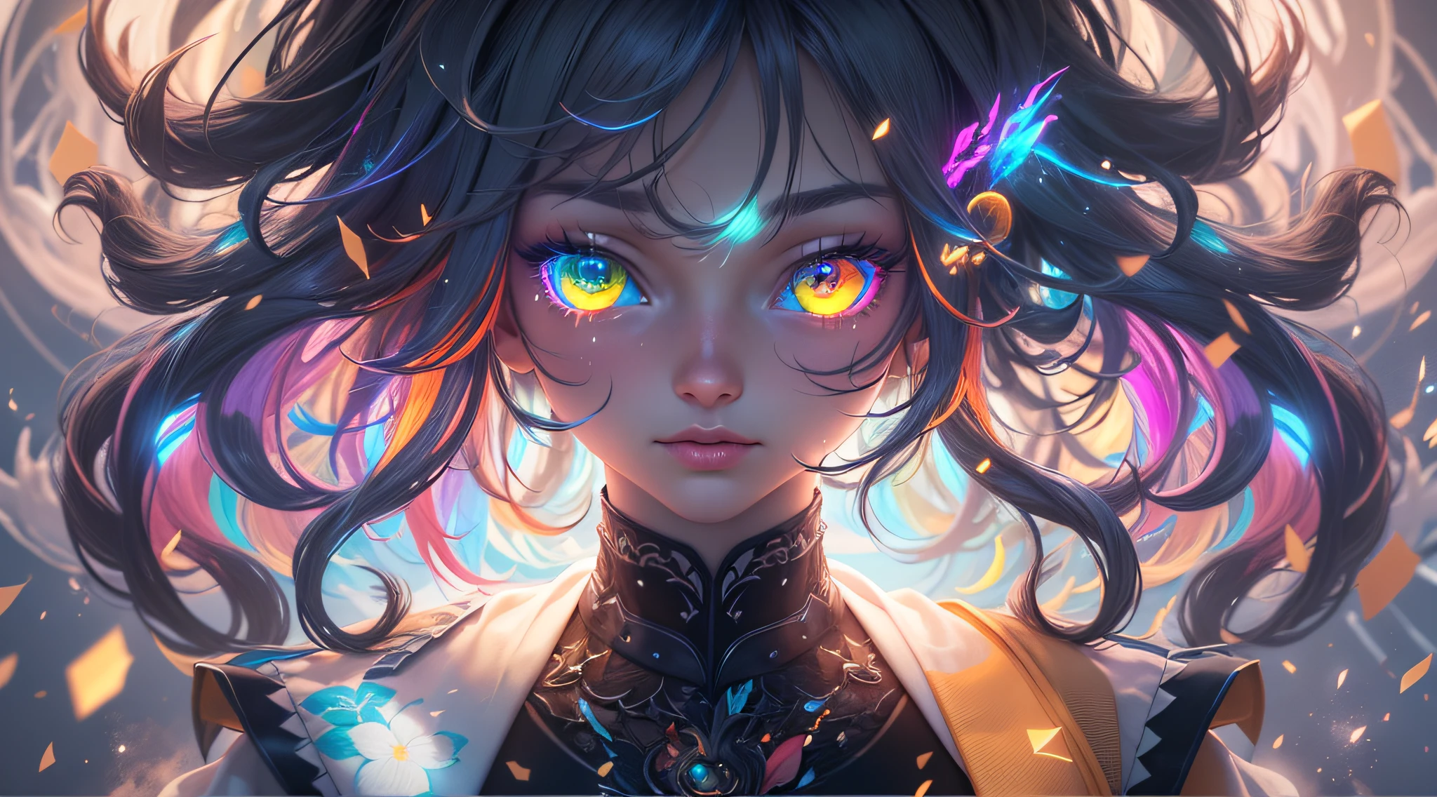{{masterpiece}}, best quality, extremely detailed CG unity 8k wallpaper, cinematic lighting, lens flare, beautiful detail eyes, black, side glance, multicolor hair, colorful light, particles, heterochromia, (colorful:1.5), (colorful hair:1.5),