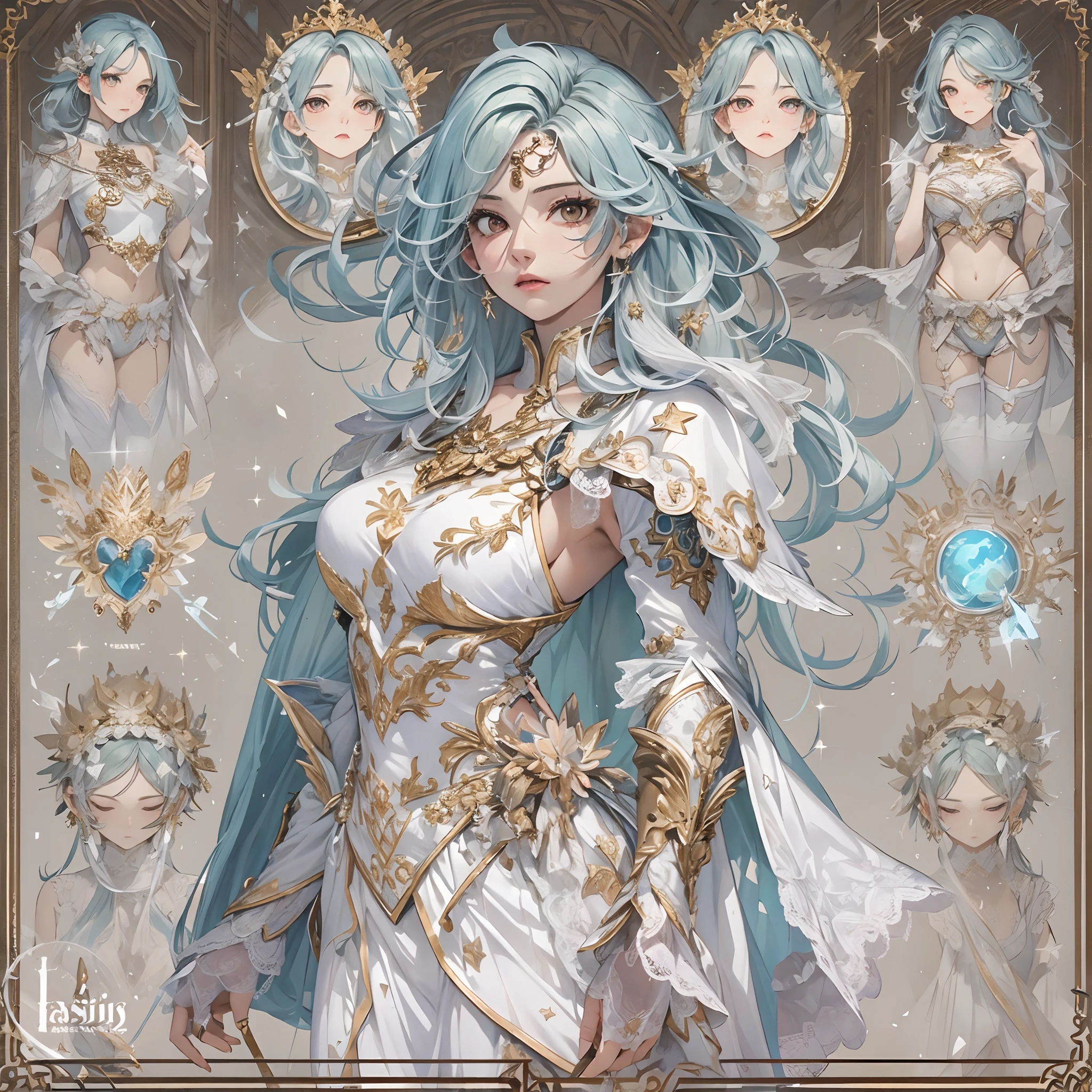 ((Masterpiece, Highest quality)), Detailed face, CharacterDesignSheet, full bodyesbian, Full of details, Multiple poses and expressions, Highly detailed, Depth, Many parts,white backgrounid,Beautiful paladin girl,singers,estilo fantasia,Holding a shield,mirrors,Extremely beautiful,Irridescent color,High Balance, Natural light, Lace,lacepantyhose,starrysky,Star decoration
