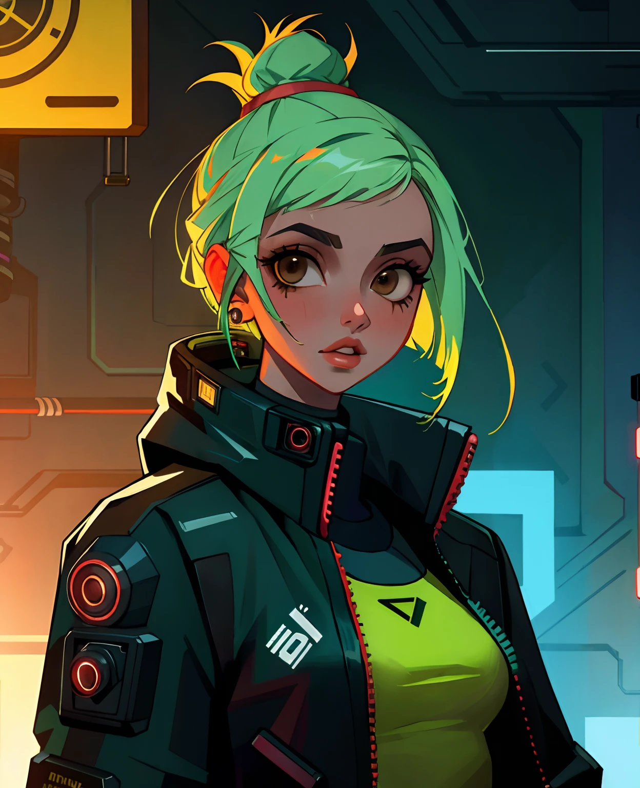 ((melhor qualidade)), ((master part)), ultra-detalhada,Mulher com uma roupa top Cyberpunk feminino, personagem cyberpunk, arte digital, Garota cyberpunk, no estilo cyberpunk, estilo cyberpunk silenciado, modelo bonito da mulher cyberpunk, roupa cyberpunkn, sexy, seios grandes, gostosa, dingy gym, Cyberpunk, dingy gym, rosto bonito detalhado, brown eyes beautiful lips, NSFW Luz