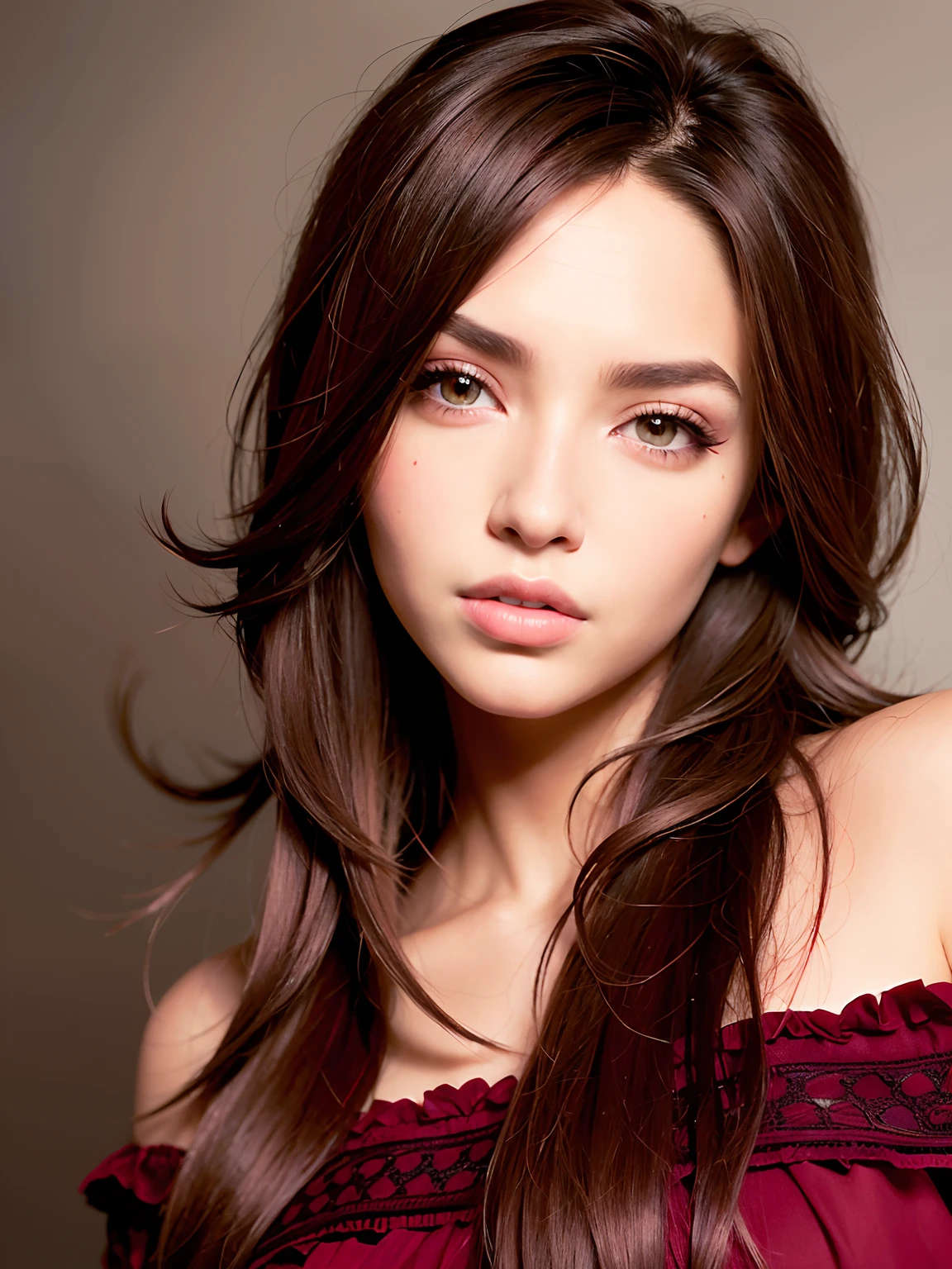 detallada, cabello largo y oscuro, ojos celestes claro y expresivos, labios rojos y sensuales, maquillaje marcado, mirada intensa, fondo oscuro, dramatic illumination, estilo retrato, Warm and rich colors, textura suave y realista, poses seductoras.