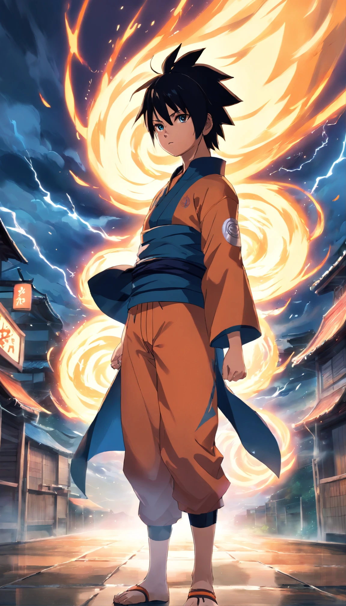 Naruto, nine-tailed fox,illustration,vivid colors,highres,ultra-detailed,studio lighting,masterpiece:1.2,portraits,action-packed,anime,sharp focus,dramatic pose,intense expression,energy effects,battle scene,fiery eyes,whirlwind of leaves,Japanese landscape,blurred background,colorful palette,shading,physically-based rendering,bokeh,intense emotion,epic,ninja spirit,hidden village,hand signs,protective forehead band,iconic outfit,unique hairstyle,thunderstorm,stormy skies,ominous presence,transformation,ferocious power,speed and agility,complex backstory,adventure.