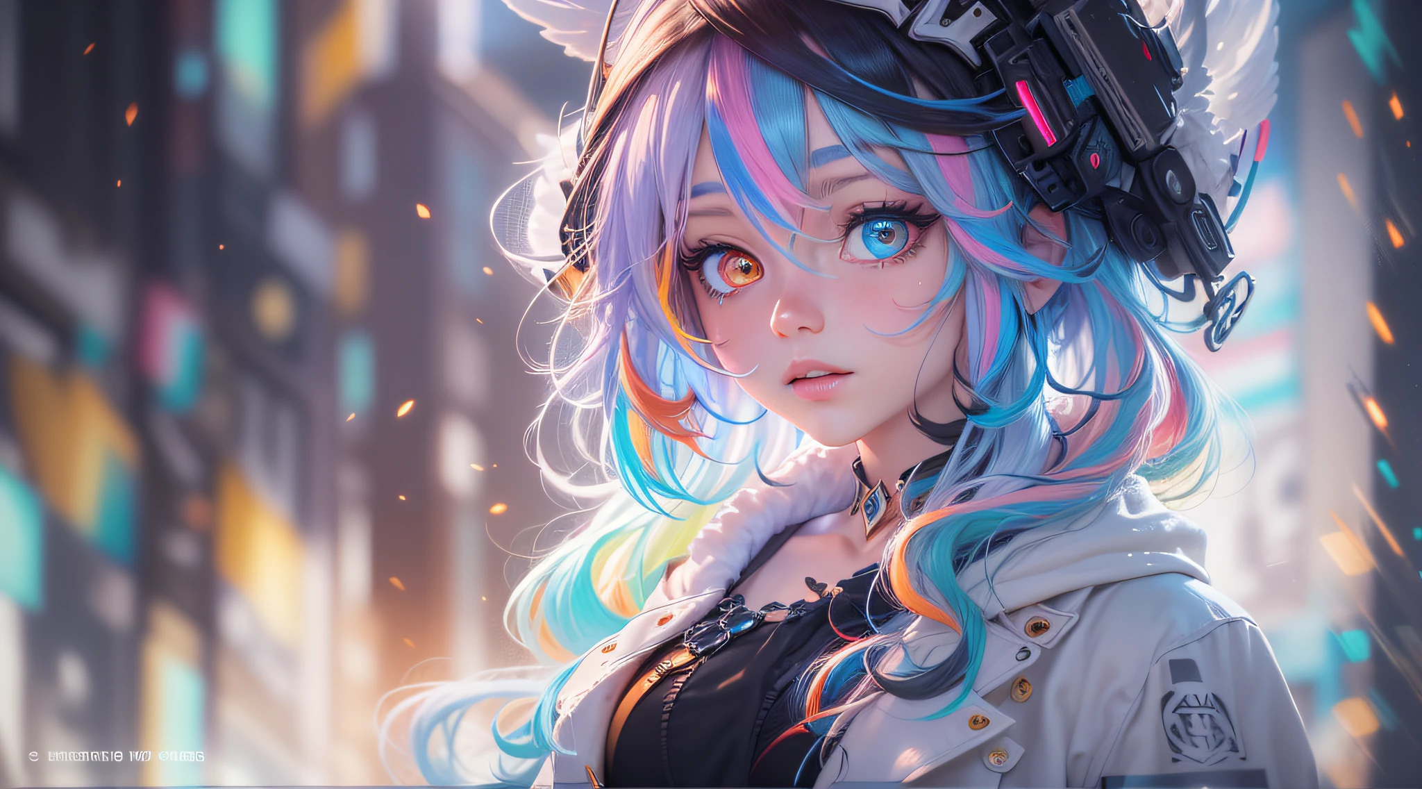 {{masterpiece}}, best quality, extremely detailed CG unity 8k wallpaper, cinematic lighting, lens flare, beautiful detail eyes, black, side glance, multicolor hair, colorful light, particles, heterochromia, (colorful:1.5), (colorful hair:1.5),