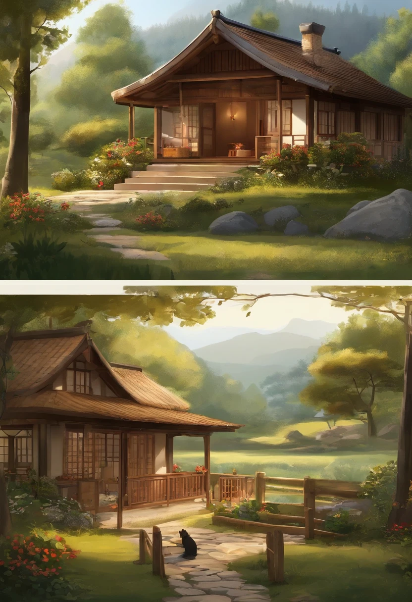 児童書:2.0、Illustrations for picture books、（（（Old couple）:1.5、Japanese-style clothing、Sandals）、One-story log house、veranda、Sit side by side）、in woods、Lawn square