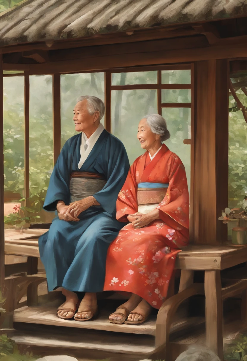 児童書:2.0、Illustrations for picture books、(((Old couple):1.5、Japanese-style clothing、Sandals)、One-story log house、veranda、Sit side by side)、in woods、Lawn square
