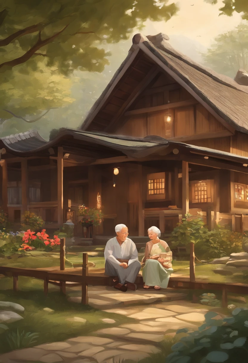 児童書:2.0、Illustrations for picture books、（（（Old couple）:1.5、Japanese-style clothing、Sandals）、One-story log house、veranda、Sit side by side）、in woods、Lawn square