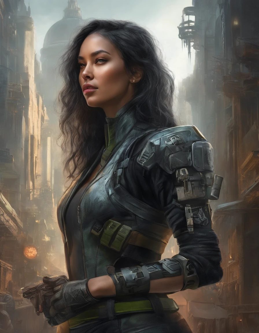 Attractive cleavage,Black color hair,a beauty woman,Asian people,of a real,Photoreal,((green Security suits)),full bodyesbian, semi-open strawberry lips, dimple, wistful look, Black eyes (Very long wavy gray hair), ((Detailed face)), ((Detailed facial features)), (Fine fine skin), Fair skin and redness, ((Deep neckline detailing high-tech cyberpunk dress)), cyberpunk mega city environment, (Cool colors), Pondering, (Masterpiece) (perfect aspect ratio)(Realistic photo)(Best quality) (Detailed) Shot on a Canon EOS R5, 50mm lens, f/2.8, hdr, (8K) (the wallpaper) (Cinematic lighting) (Dramatic lighting) (Sharp focus) (Intricate), Original photo, posing for camera, Black jeans, back arms, 8K, Ultra HD, Digital SLR, High quality, filmgrain, Fujifilm XT3