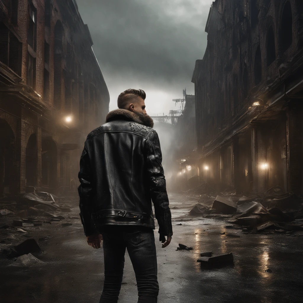 (Best quality,4K,8K,A high resolution,Masterpiece:1.2),Ultra-detailed,(Realistic,Photorealistic,photo-realistic:1.37),Post-apocalyptic wasteland punk,Tough wasteland punk vibe,Desolate wasteland landscape,Dramatic silhouettes of the city,Ruined buildings in the distance,dark and moody lighting,heavy rain poured,On wet pavement,Sharp focus,Dynamic composition,Detailed texture of corroded metal and cullet,Weathered punk fashion,Leather jacket with spikes,Ripped jeans and combat boots,Characters with tattoos and piercings,Mechanical implants and cybernetics enhanced,Smoke and steam rise from the ground,Artistic digital illustration,Industrial palette with shades of gray,Powerful and expressive brushstrokes,There was a sense of chaos and rebellion in the air,Urban decay and destruction combined with a punk aesthetic.