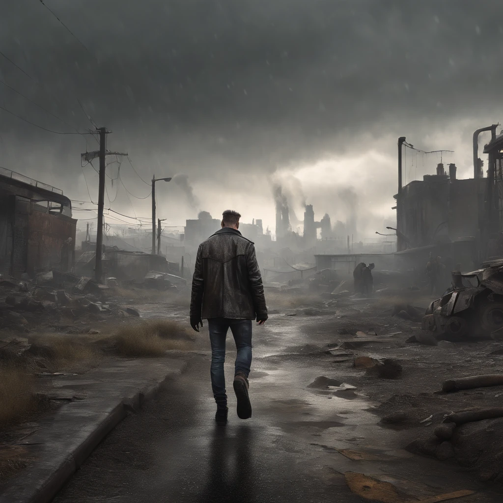 Describe an image of a survivor in a post-apocalyptic world, visto de costas, walking towards a desolate city. The landscape shows a city in ruins, with abandoned buildings and wild vegetation taking over the empty streets. The sky is overcast, and the general atmosphere is one of desolation and loneliness. O sobrevivente usa roupas desgastadas e carrega uma mochila, suggesting a journey of survival in this devastated world.