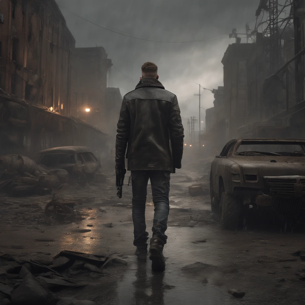 (Best quality,4K,8K,A high resolution,Masterpiece:1.2),Ultra-detailed,(Realistic,Photorealistic,photo-realistic:1.37),Post-apocalyptic wasteland punk,Tough wasteland punk vibe,Desolate wasteland landscape,Dramatic silhouettes of the city,Ruined buildings in the distance,dark and moody lighting,heavy rain poured,On wet pavement,Sharp focus,Dynamic composition,Detailed texture of corroded metal and cullet,Weathered punk fashion,Leather jacket with spikes,Ripped jeans and combat boots,Characters with tattoos and piercings,Mechanical implants and cybernetics enhanced,Smoke and steam rise from the ground,Artistic digital illustration,Industrial palette with shades of gray,Powerful and expressive brushstrokes,There was a sense of chaos and rebellion in the air,Urban decay and destruction combined with a punk aesthetic.