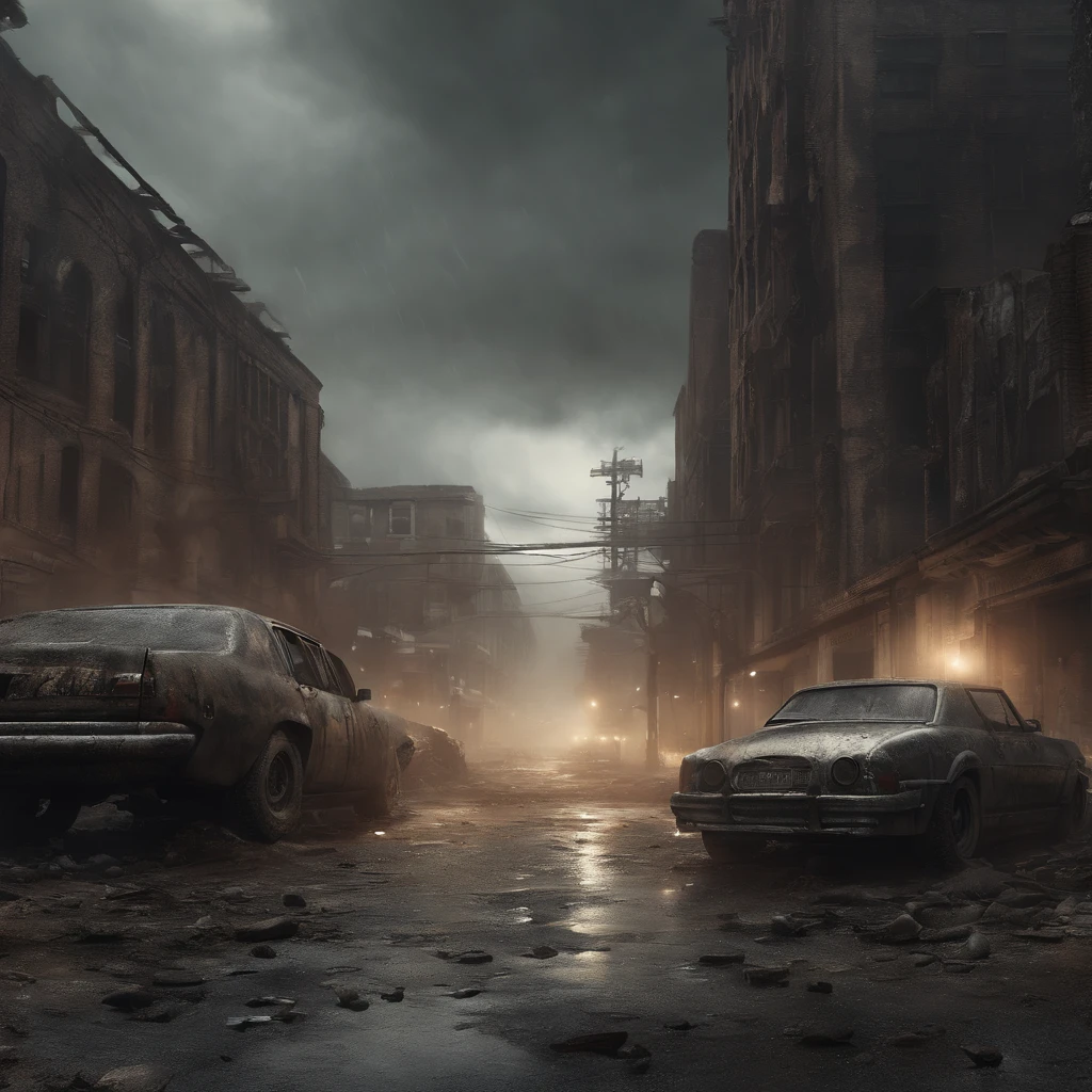 (Best quality,4K,8K,A high resolution,Masterpiece:1.2),Ultra-detailed,(Realistic,Photorealistic,photo-realistic:1.37),Post-apocalyptic wasteland punk,Tough wasteland punk vibe,Desolate wasteland landscape,Dramatic silhouettes of the city,Ruined buildings in the distance,dark and moody lighting,heavy rain poured,On wet pavement,Sharp focus,Dynamic composition,Detailed texture of corroded metal and cullet,Weathered punk fashion,Leather jacket with spikes,Ripped jeans and combat boots,Characters with tattoos and piercings,Mechanical implants and cybernetics enhanced,Smoke and steam rise from the ground,Artistic digital illustration,Industrial palette with shades of gray,Powerful and expressive brushstrokes,There was a sense of chaos and rebellion in the air,Urban decay and destruction combined with a punk aesthetic.