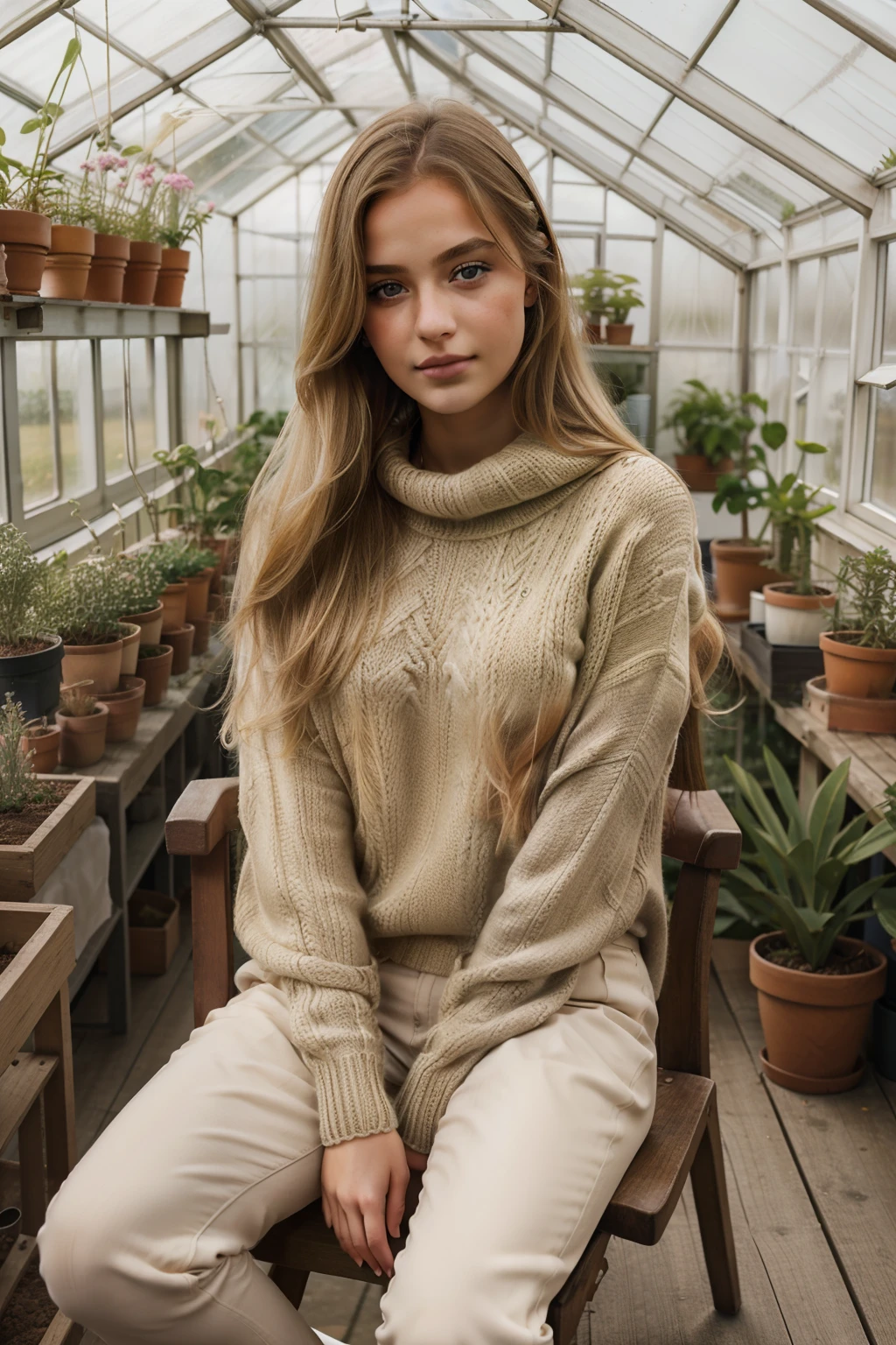 a beautiful woman with brown hair and green eyes, sitting in a cafe wearing a brown sweater, braided hair, macro photo, super detailed, best quality, high quality, high resolution, 4k, photorealistic, intricate details, warm lighting, cozy atmosphere, cafe interior, wooden table, cup of coffee, natural light, soft focus, elegant pose