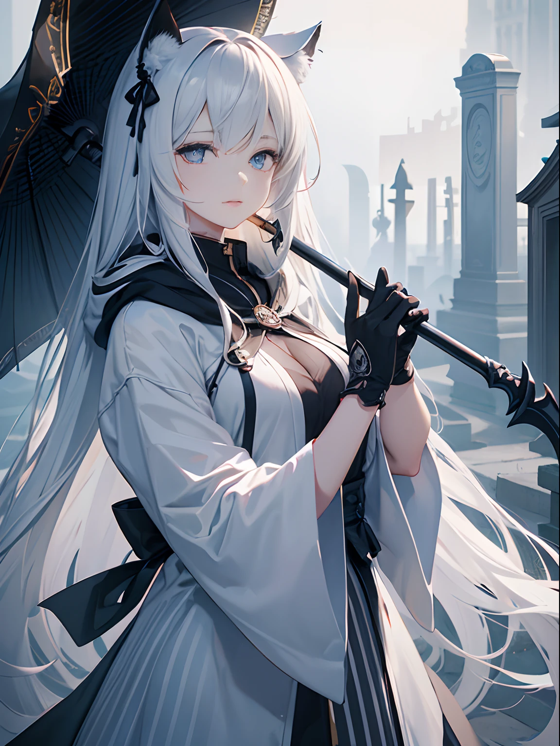 With a girl in a cute hood wrapped in thick fog、Female Grim Reaper Protecting a Girl from Behind, Wielding a scythe, Emerge from the swirling shadows. Stand in the Cemetery of Forgotten Souls. (Light grey and light white striped hair:1.3,), Perfect face, Proper body proportion, masterpiece, Super high-quality output images, 超A high resolution, Intricate details, Very delicate and beautiful hair, photograph realistic, Dreamy, Professional Lighting, realistic shadow, Solo Focus, Beautiful hands, Beautiful fingers, Detailed finger features, detailed clothes features, Detailed hair features, detailed facial features, cat ears