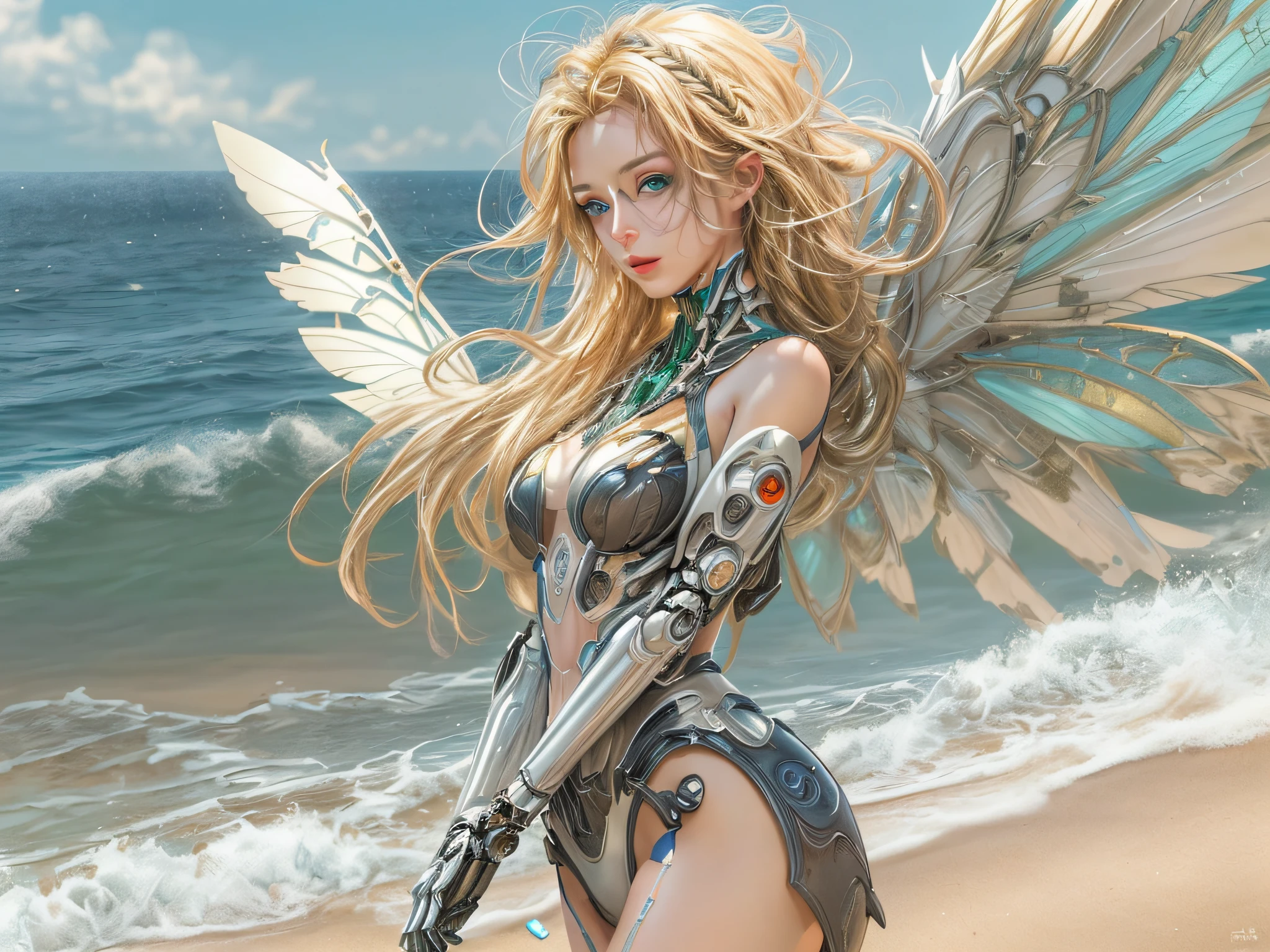 a picture of a mecha woman having a tan at the sea, (full body: 1.2), an exquisite beautiful (ultra detailed, Masterpiece, best quality: 1.3), full body, female mecha woman, dynamic angle (best detailed, Masterpiece, best quality), best detailed face (best detailed, Masterpiece, best quality), ultra feminine (best detailed, Masterpiece, best quality), blond hair, long hair, braided hair, green eyes color, fairy_wings spread bright colors (mechanical fairyl wings: 1.2), (wearing bathing suit: 1.4), standing at the sea, wavy sea, sands, day light, sun rising, fun atmosphere, ultra wide angle shot, high details, fantasy art, RPG art best quality, 16k, [ultra detailed], masterpiece, best quality, (ultra detailed), full body, ultra wide shot, photorealistic,