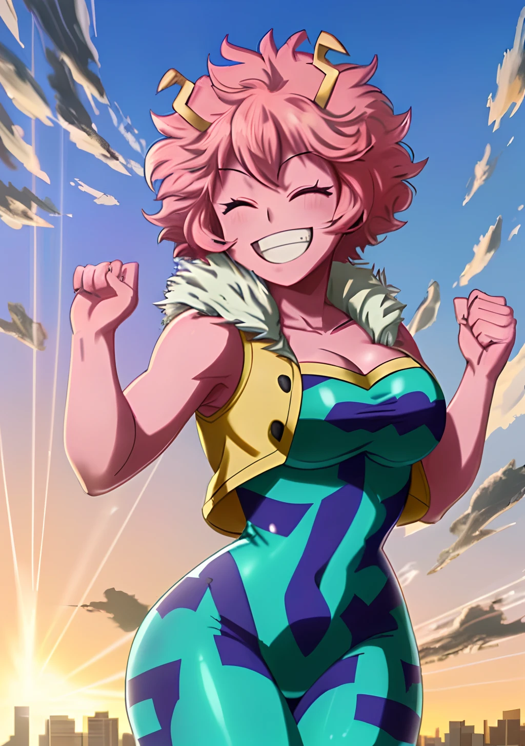 [mina ashido], [Boku no hero academia], ((masterpiece)), ((solo portrait)), ((cute)), ((High definition)), ((anime)), ((Kohei Horikoshi)), ((beautiful render art)), ((detailed shading)), ((cel shading)), ((intricate details)), {mina ashido; (pink skin), (curly yellow horns), long eyelashes, eyes closed, curly pink hair, short eyelashes, large boobs, (beautiful slightly muscular legs), (excited smile), (white teeth), (blushing)}, {(hero costume), (bodysuit), (yellow sleeveless jacket), (fluffy collar)}, {(dynamic pose), (looking at viewer)}, [Background; (city), (blue sky), (sun rays)]