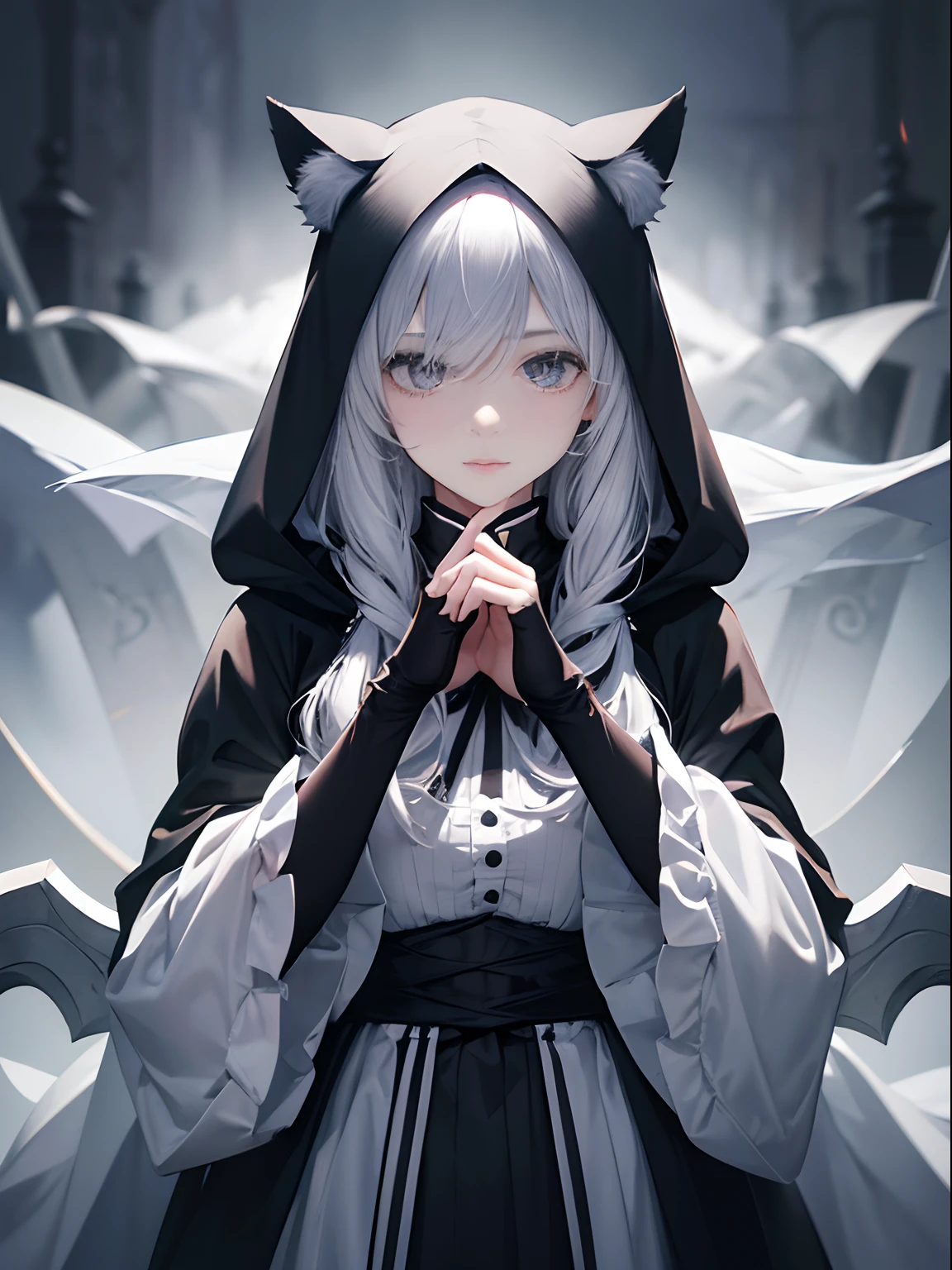 With a girl in a cute hood wrapped in thick fog、Female Grim Reaper Protecting a Girl from Behind, Wielding a scythe, Emerge from the swirling shadows. Stand in the Cemetery of Forgotten Souls. (Light grey and light white striped hair:1.3,), Perfect face, Proper body proportion, masterpiece, Super high-quality output images, 超A high resolution, Intricate details, Very delicate and beautiful hair, photograph realistic, Dreamy, Professional Lighting, realistic shadow, Solo Focus, Beautiful hands, Beautiful fingers, Detailed finger features, detailed clothes features, Detailed hair features, detailed facial features, cat ears