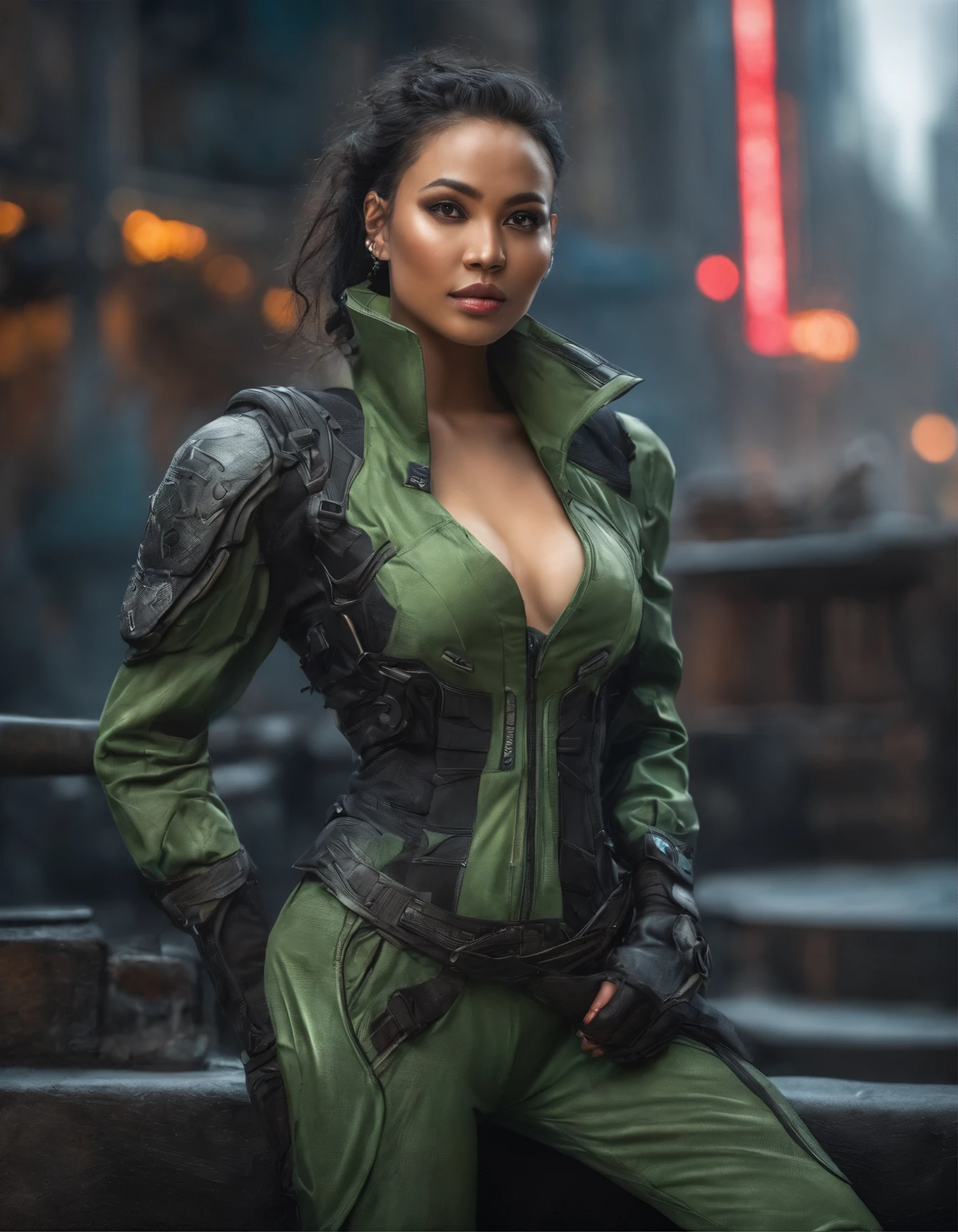 Attractive cleavage,Black color hair,a beauty woman,Asian people,of a real,Photoreal,((green Security suits)),full bodyesbian, semi-open strawberry lips, dimple, wistful look, Black eyes (Very long wavy gray hair), ((Detailed face)), ((Detailed facial features)), (Fine fine skin), Fair skin and redness, ((Deep neckline detailing high-tech cyberpunk dress)), cyberpunk mega city environment, (Cool colors), Pondering, (Masterpiece) (perfect aspect ratio)(Realistic photo)(Best quality) (Detailed) Shot on a Canon EOS R5, 50mm lens, f/2.8, hdr, (8K) (the wallpaper) (Cinematic lighting) (Dramatic lighting) (Sharp focus) (Intricate), Original photo, posing for camera, Black jeans, back arms, 8K, Ultra HD, Digital SLR, High quality, filmgrain, Fujifilm XT3