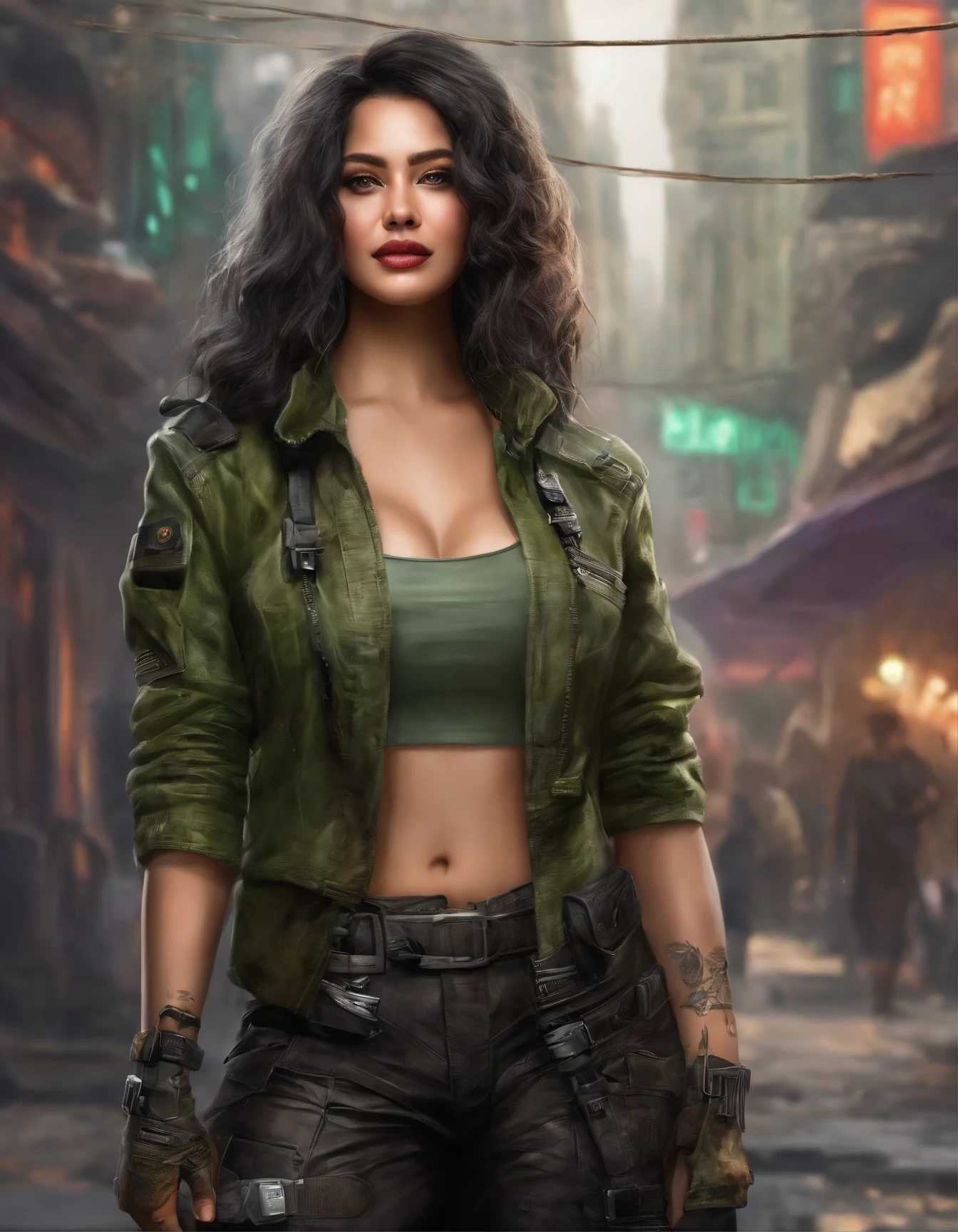Attractive cleavage,Black color hair,a beauty woman,Asian people,of a real,Photoreal,((green Security suits)),full bodyesbian, semi-open strawberry lips, dimple, wistful look, Black eyes (Very long wavy gray hair), ((Detailed face)), ((Detailed facial features)), (Fine fine skin), Fair skin and redness, ((Deep neckline detailing high-tech cyberpunk dress)), cyberpunk mega city environment, (Cool colors), Pondering, (Masterpiece) (perfect aspect ratio)(Realistic photo)(Best quality) (Detailed) Shot on a Canon EOS R5, 50mm lens, f/2.8, hdr, (8K) (the wallpaper) (Cinematic lighting) (Dramatic lighting) (Sharp focus) (Intricate), Original photo, posing for camera, Black jeans, back arms, 8K, Ultra HD, Digital SLR, High quality, filmgrain, Fujifilm XT3