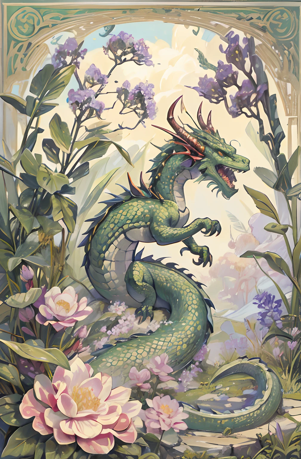 there is a dragon that is sitting in the grass with flowers, green dragon, dragon art, full color illustration, large green dragon, mythical creature, european dragon, oil painting of dragon, the emerald herald in the garden, dragon, dragon fodder, water dragon, cyan chinese dragon fantasy, hydra, fantasy highly detailed, basilisk, dragons, vintage botanical illustration