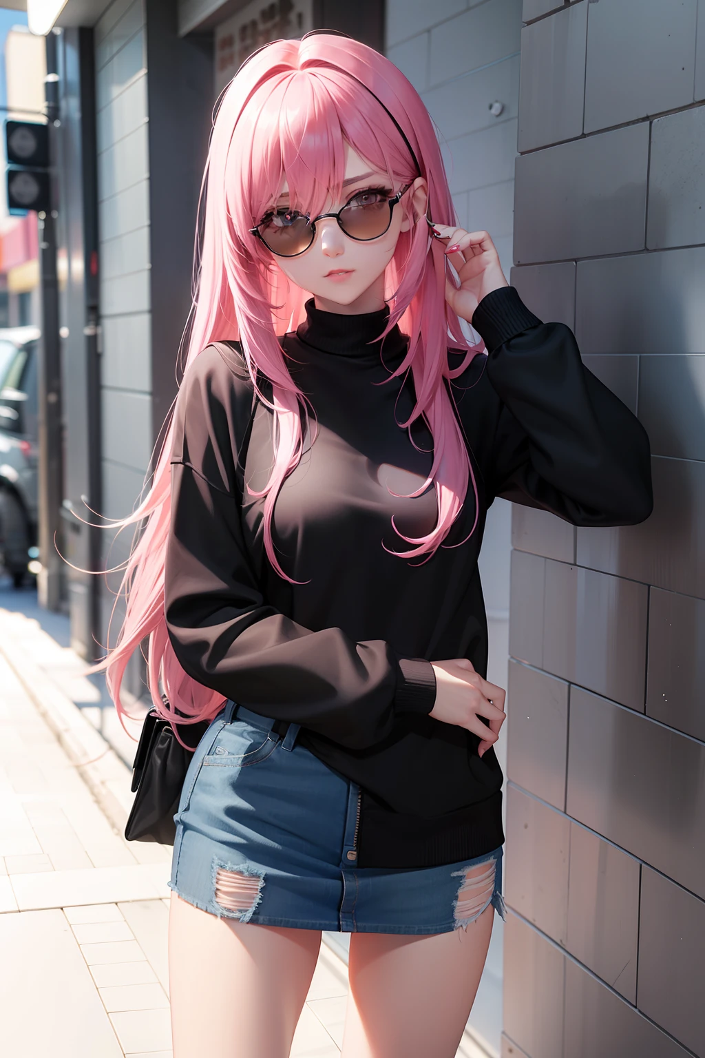 Leader of Runaway Bad Girl, Long Black Jumper, a cool、Skin Jean Miniskirt, Semi-long pink hair, Looking at the viewer, Front view,