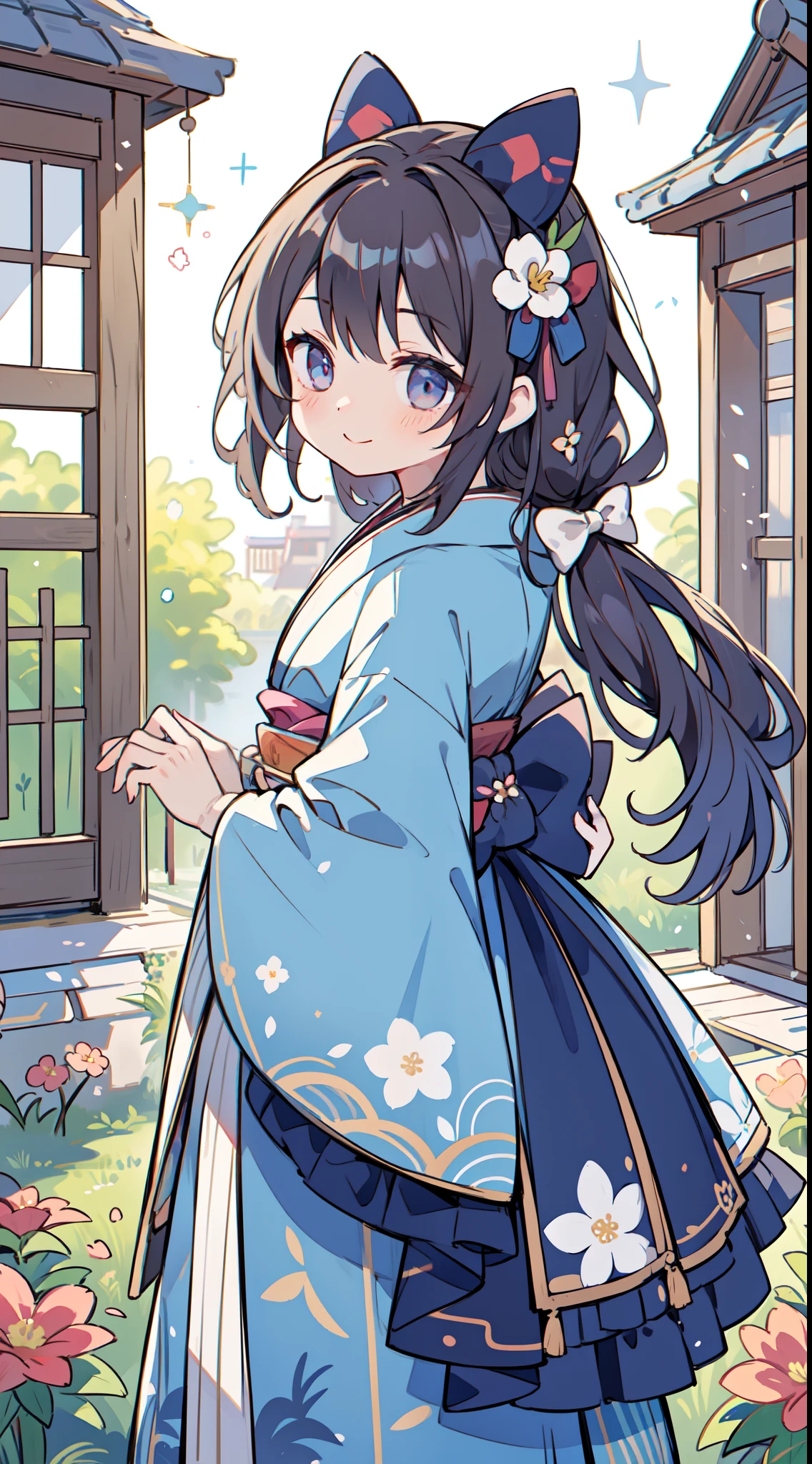 top-quality、((full bodyesbian、Standing picture))、intricate detailes、1girl、subaru_kimono、komono、Hair bow、flower in hair、garden、outside of house、(East Asian Architecture:0.6)、back lighting、diffuse lighting、a smile