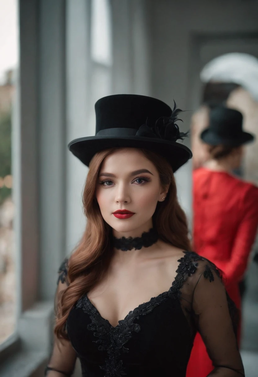 Red evening dress,bule,femele,cabelos preto e longos,black-frame glasses,Black large-brimmed top hat