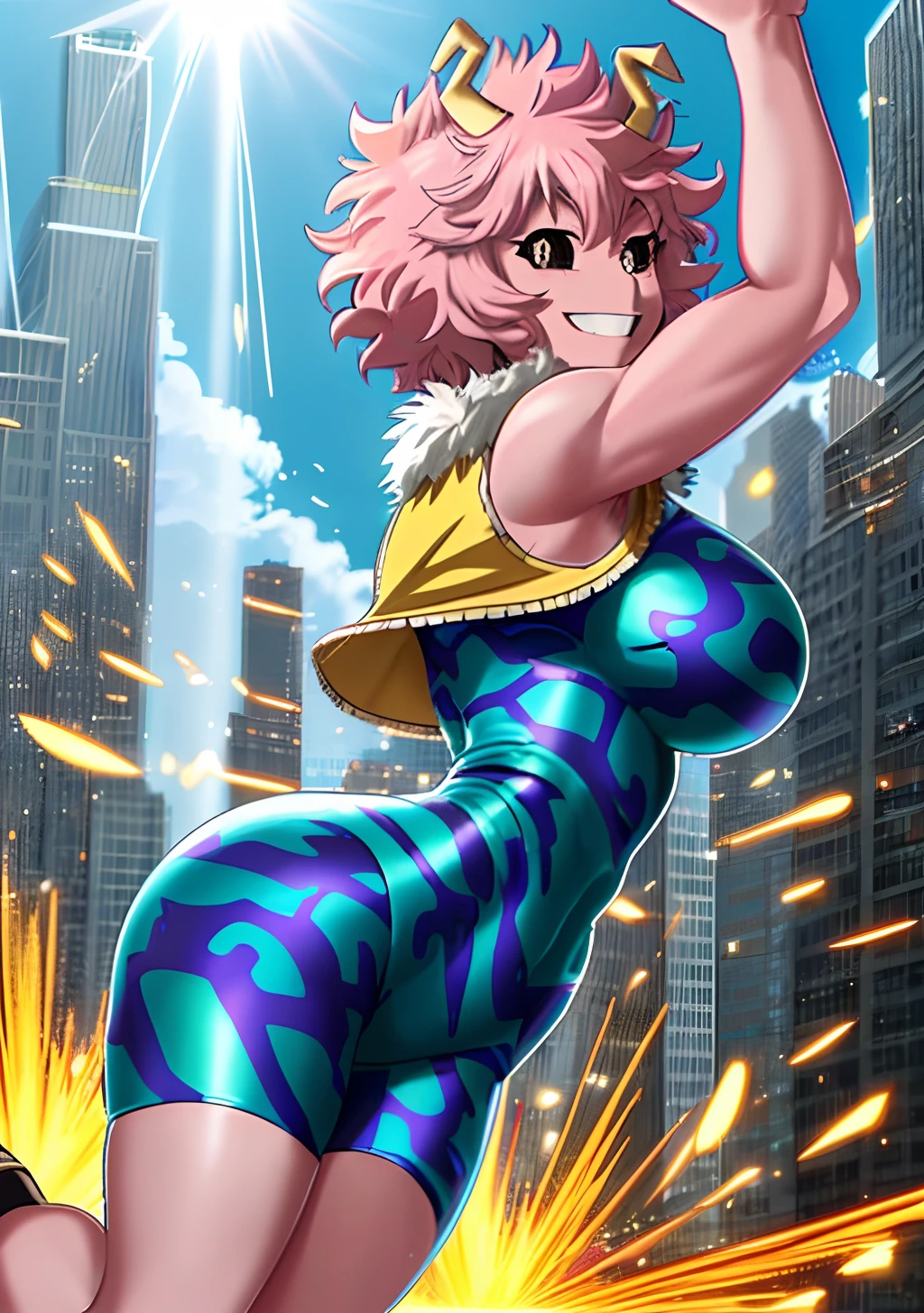 [mina ashido], [Boku no hero academia], ((masterpiece)), ((solo portrait)), ((back view)), ((cute)), ((High definition)), ((anime)), ((Kohei Horikoshi)), ((beautiful render art)), ((detailed shading)), ((cel shading)), ((intricate details)), {mina ashido; (pink skin), (curly yellow horns), long eyelashes, eyes closed, curly pink hair, short eyelashes, large boobs, (beautiful slightly muscular legs), (excited smile), (white teeth), (blushing)}, {(hero costume), (bodysuit), (yellow sleeveless jacket), (fluffy collar)}, {(dynamic pose), (looking at viewer)}, [Background; (city), (blue sky), (sun rays)]