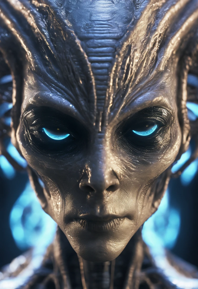 FantChar, A translucent ethereal alien with delicate facial features in a sci-fi setting, glowing from within, Sparks and lights, moon light, luna, a closeup of a, Realistic, Highly detailed, Intricate. hiquality. 3D.