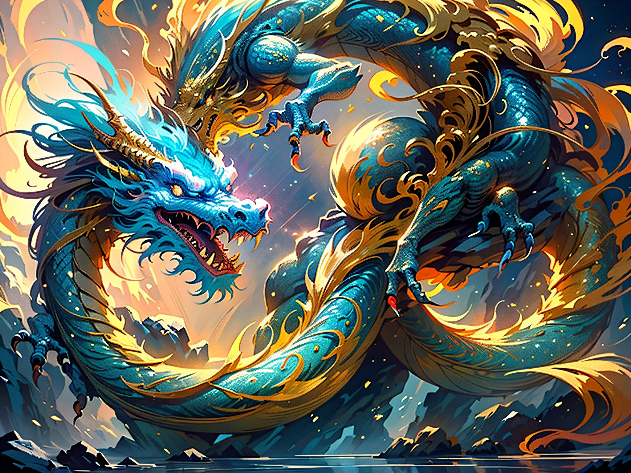 Masterpiece, High image quality, Dynamic cartoon style, Inspired by the classics of the mountains and the sea, (Chinese mythological dragon:1.5), Beast image, Highly saturated, (full moon: 1.2), (meteors: 0.9), (Starcloud: 1.3), Far Mountain, Tree BREAK Production Art, ( Warm light source: 1.2), Intricate details, Break the volume lighting (Masterpiece: 1.2), (Highest quality), 8K, Ultra detailed, (Set dynamics: 1.4), Highly detailed and colorful details (glitters: 1.2), (Bright lighting, Atmospheric lighting),Red or gold,Hornless,Long beard,Elegant scales,Flexible posture.
