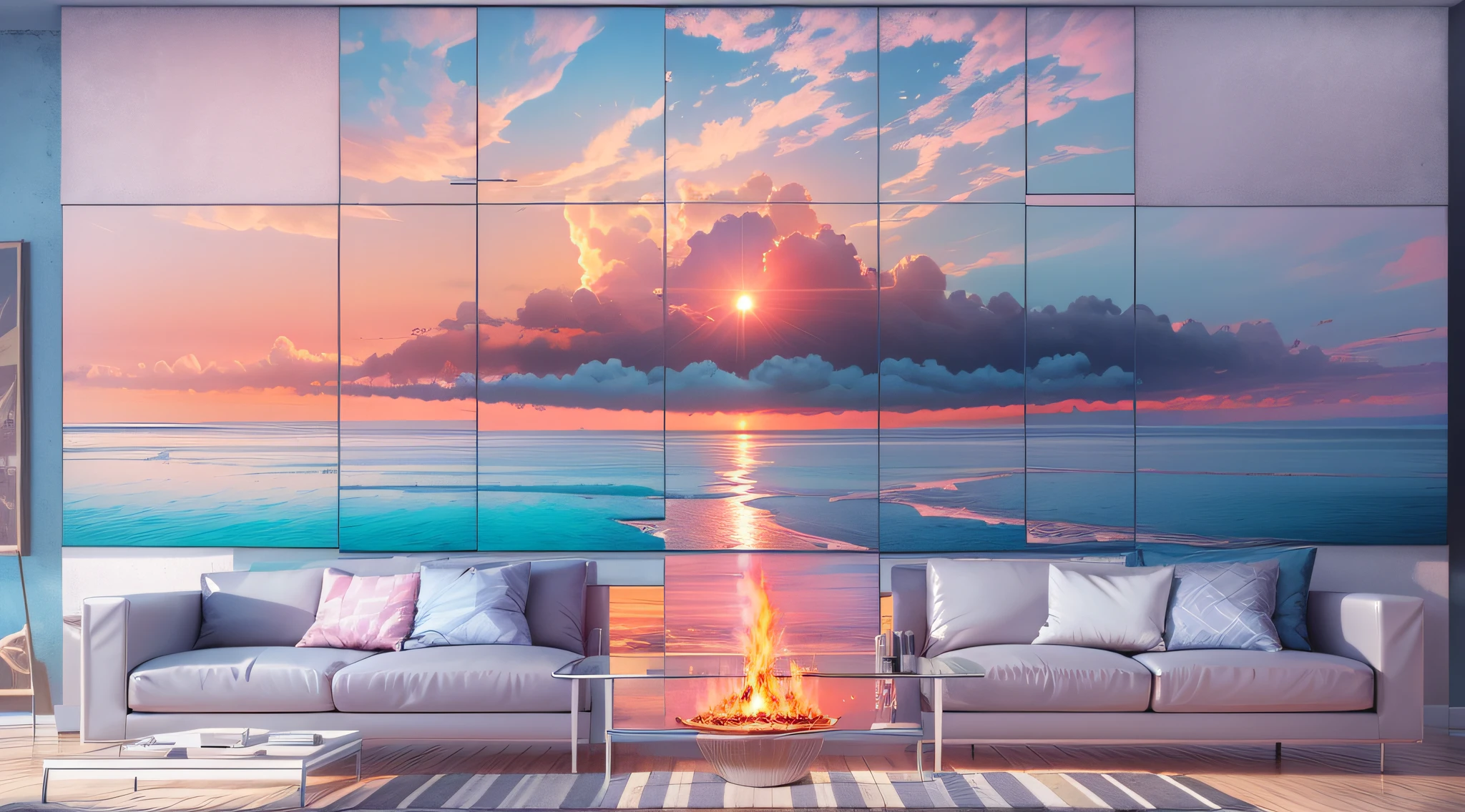 horizon ,sunrise, fire painting,transparent blue lake,pink coral,extra-wide vision,best quality,official art