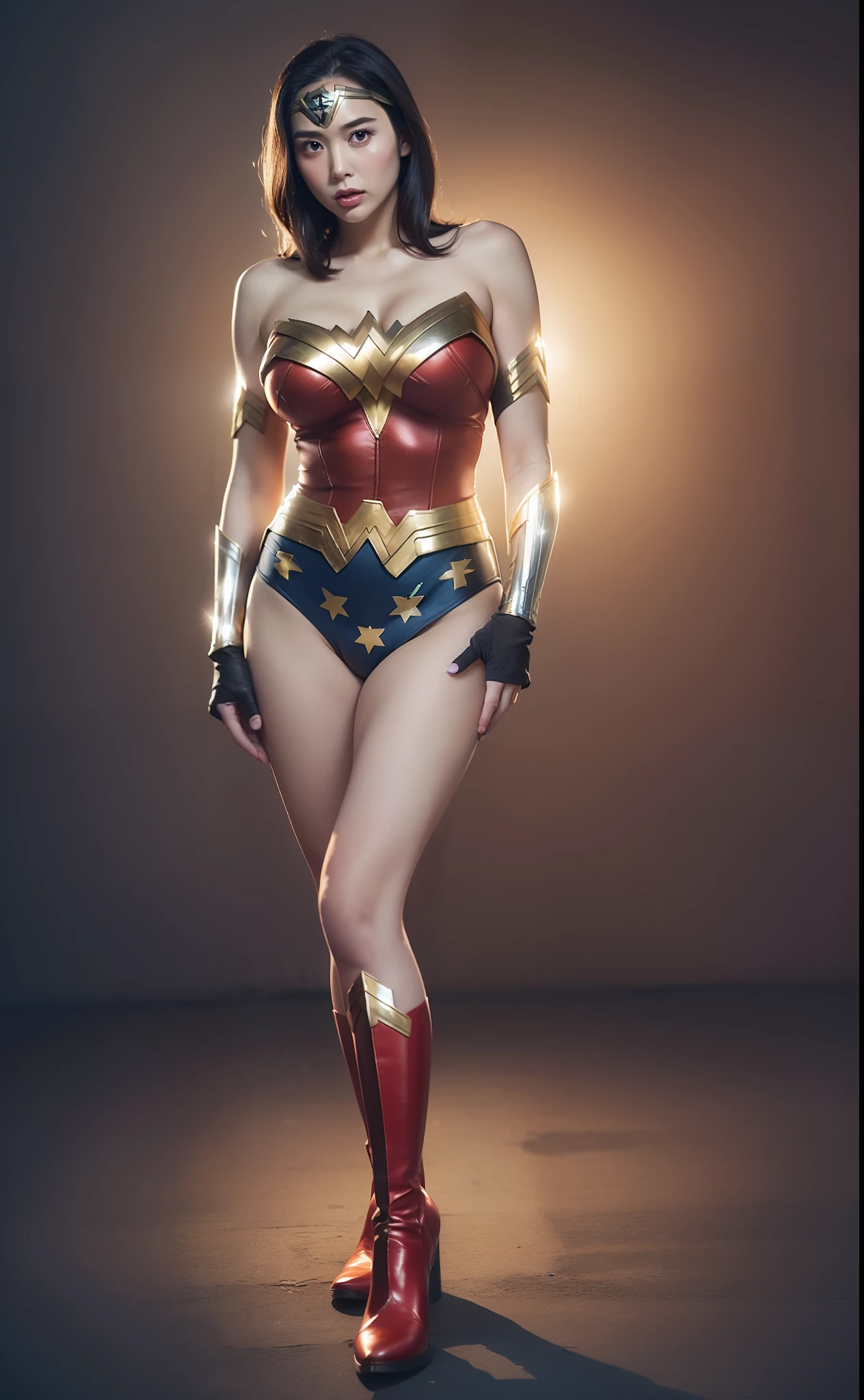 (((Make the most of the original image)))、(((Wonder Woman Costume)))、(((You must always close your eyes)))、(((Anguished facial expressions)))、(((lustrous dark hair)))、(((Feet must necessarily be worn with black tights)))、(((You need to wear red boots)))、((Top image quality、8K))、((top-quality、8K、​masterpiece:1.3))、Crisp focus:1.2、Beautiful woman with perfect body shape:1.4、Slender Abs:1.2、((layers-Cut、large boob:1.2))、a wet body:1.5、Highly detailed facial and skin texture、