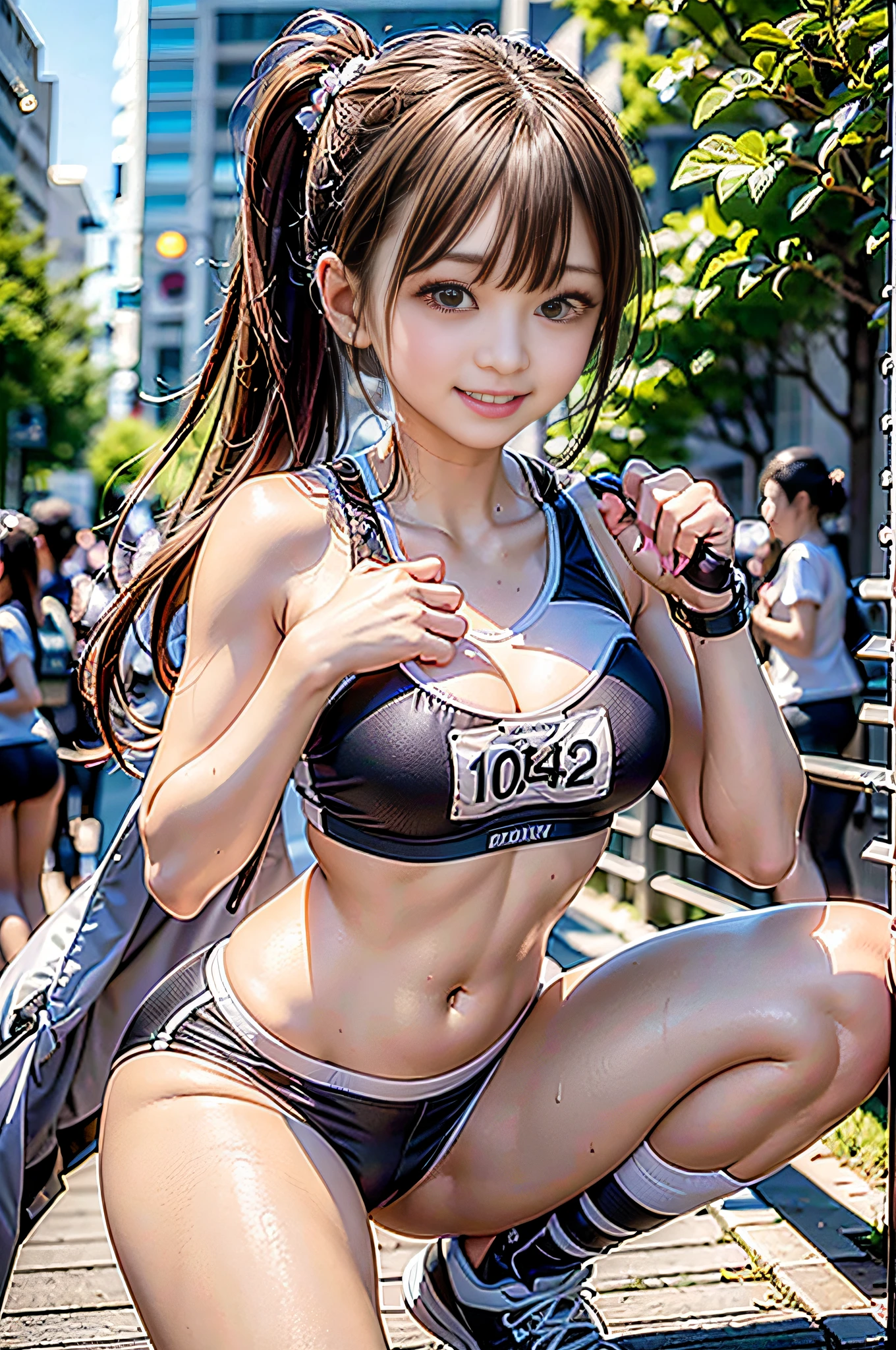 (masterpiece:1.3), (8K, reallistic, Raw photography, Top image quality: 1.4), Japan high school girls、(poneyTail:1.2)、maikurobikini:1.2、Super Detail Face、Eye of Detail、二重まぶた、foco nítido:1.2、prety woman:1.4、light brown hair、 top-quality、masterpiece、超A high resolution、(reallistic:1.4)、very detailed and professional lighting、 A smile、track and field、athletic field、Tight white sports bra、Glossy light blue racing shorts、Shining sweat、Tight slim waist、crouching down、