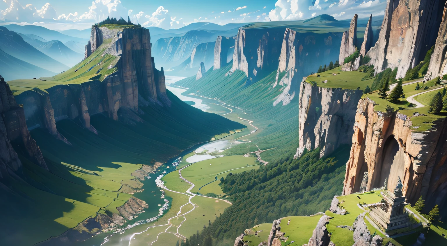 (highres:1.2),sweeping aerial shot,rugged mountains,jagged mountains,lush valleys,epic landscape,alternate-world landscape,ancient Greece vibes,majestic atmosphere,grandiose scenery,panoramic view,gorgeous terrain,dramatic cliffs,peaceful meadows,golden sunlight,mythical ambiance,surreal beauty,wilderness adventure,vast expanse,secretive caves,unexplored regions,majestic waterfalls,whispering rivers,majestic ruins,mysterious statues,mythical creatures,floating clouds,colorful flora and fauna,heroic statues,serene lakes,enchanted forests,ancient temples,historical ruins,divine architecture,vibrant colors,magical lighting,ethereal atmosphere,greco-roman style,awe-inspiring,spectacular shot