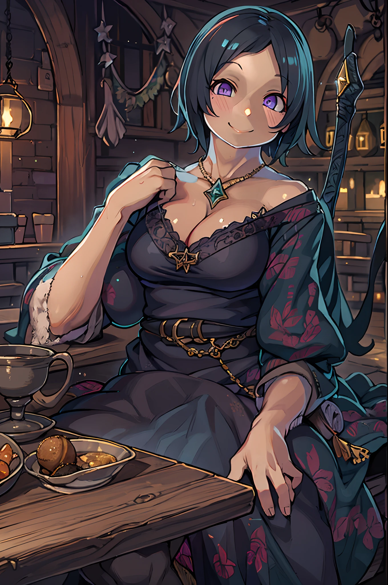 beautiful witch female, With short black hair, Purple eyes, Big Bust, Dressed witch's clothes, Sitting in a tavern and smiling, Realistic, Full-HD, Best Quality