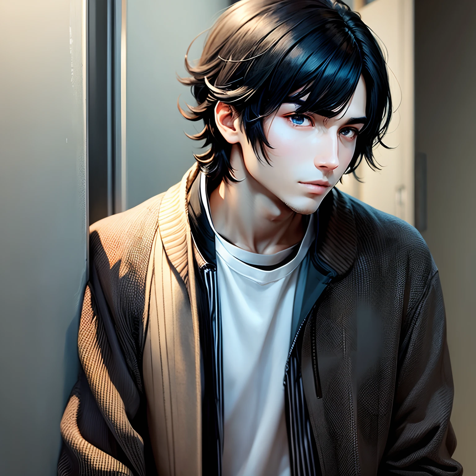 the anime, guy, full face, Shoulder-length black hair, slight smile, brown eye, black striped jacket, white shirt