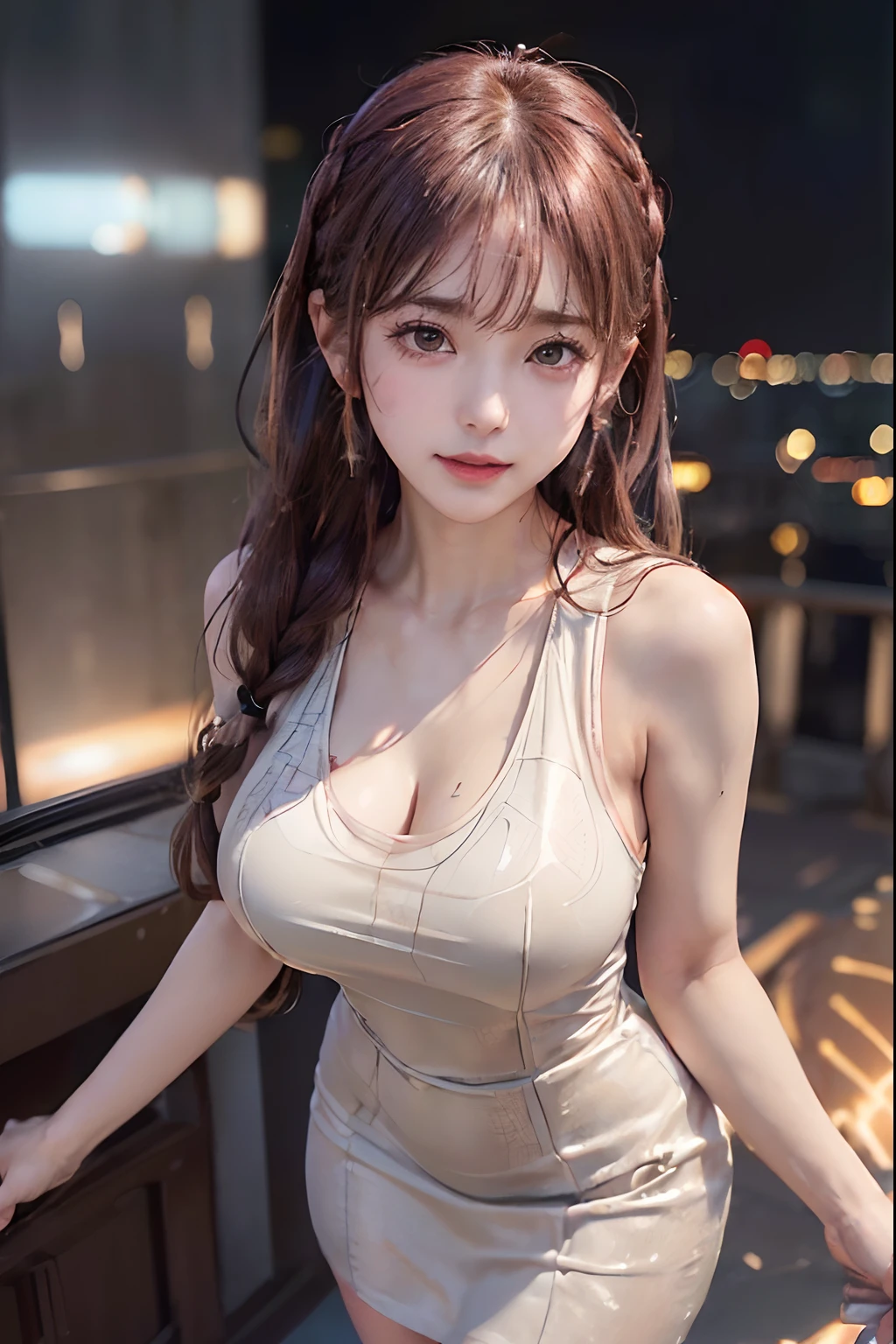 side pose, Random posture, night time, (An extremely delicate and beautiful work), photo of a Taiwanese girl, cute, ((kpop idol)), (aegyo sal:1.27), pale skin, (black high leg cut(one shoulders))chest cutout)bodysuit, highly detailed, (short twintails), charming expression, beautiful and clear brown eyes, Natural(large breasts:1.475), (((puffy eyes))), delicate necklace & earrings, extreme detail description, beautiful delicate oval face, delicate figure, Fine collarbones, lovely lips, {smiling:0.75}, soft behind, (camel toe, cameltoe, dark areolas, showvulva, barevulva, vulvashaped:1.35)), mix4, (NSFW), (64k, RAW photo, best quality, masterpiece: 1.45), (realistic, photo-realistic:1.37), cityscape, outdoors, simple blurred background, professional lighting, photon mapping, radiosity, physically-based rendering,