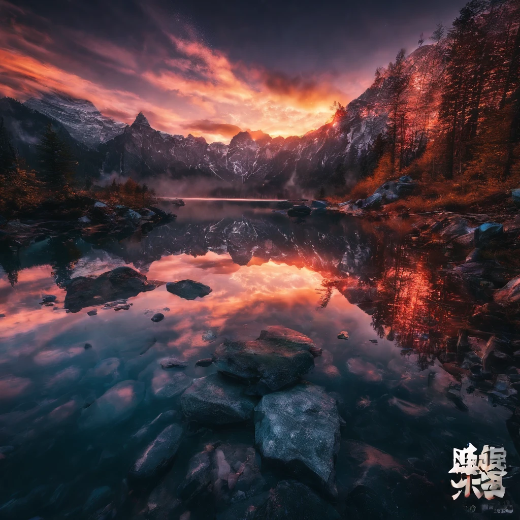 Alpine forest landscape photography,Rugged mountain roads,Clear and transparent lake,the trees,bushes,falling leaf,sun at dawn,Blurred vision,Cliffs and mountains,desolated,Aloneness,Cold,foggy sky,Not dazzling morning sun,Nightmare vision,Dark fantasy plot,Perfect and excellent composition,8K分辨率,the detail,limitations,Close-up ultra-wide angle shot,realisticlying,stunning skies,Colorful clouds float,true to life, Pubic area is clear, flawless perfection, Digital SLR, 1024, 2048, 4096, A detailed, Sharp, best qualtiy, high qulity, absurderes,unmanned background,The is very detailed、Detailed lighting shadows,Trends on ArtStation、iintricate、high detal、dramatics、(Volumetriclighting:1.2)hdr shot。(Close-up,Super deep view,ultra-wide-angle,Microfocal length lens:1.2)(realisticlying:1.4)tmasterpiece、high high quality、Beautiful photography,globalillumination