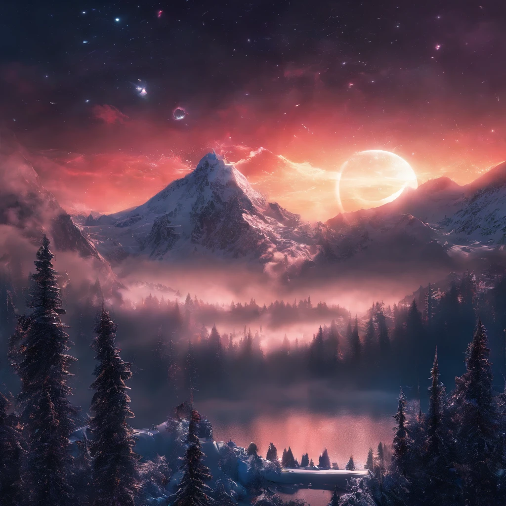 Alpine forest landscape photography，Rugged mountain roads，Clear and transparent lake，the trees，bushes，falling leaf，sun at dawn，Blurred vision，Cliffs and mountains，desolated，Aloneness，Cold，foggy sky，Not dazzling morning sun，Nightmare vision，Dark fantasy plot，Perfect and excellent composition，8K分辨率，the detail，limitations，Close-up ultra-wide angle shot，realisticlying，stunning skies,Colorful clouds float，true to life, Pubic area is clear, flawless perfection, Digital SLR, 1024, 2048, 4096, A detailed, Sharp, best qualtiy, high qulity, absurderes，unmanned background，The is very detailed、Detailed lighting shadows，Trends on ArtStation、iintricate、high detal、dramatics、（Volumetriclighting：1.2）hdr shot。（Close-up，Super deep view，ultra-wide-angle，Microfocal length lens：1.2）（realisticlying：1.4）tmasterpiece、high high quality、Beautiful photography，globalillumination