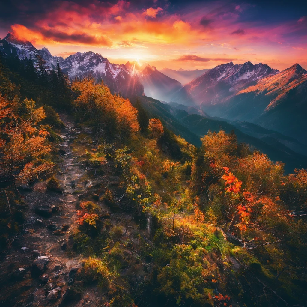 Alpine forest landscape photography,Rugged mountain roads,Clear and transparent lake,the trees,bushes,falling leaf,sun at dawn,Blurred vision,Cliffs and mountains,desolated,Aloneness,Cold,foggy sky,Not dazzling morning sun,Nightmare vision,Dark fantasy plot,Perfect and excellent composition,8K分辨率,the detail,limitations,Close-up ultra-wide angle shot,realisticlying,stunning skies,Colorful clouds float,true to life, Pubic area is clear, flawless perfection, Digital SLR, 1024, 2048, 4096, A detailed, Sharp, best qualtiy, high qulity, absurderes,unmanned background,The is very detailed、Detailed lighting shadows,Trends on ArtStation、iintricate、high detal、dramatics、(Volumetriclighting:1.2)hdr shot。(Close-up,Super deep view,ultra-wide-angle,Microfocal length lens:1.2)(realisticlying:1.4)tmasterpiece、high high quality、Beautiful photography,globalillumination