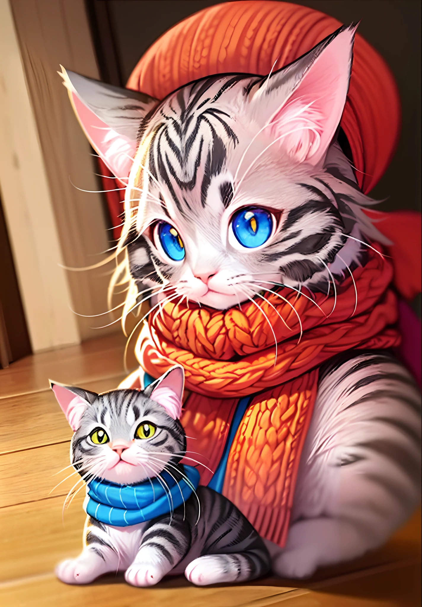 Close up of cat in knitted hat and scarf, cute 3d render, adorable digital art, Lovely digital painting, Cute cat, Cute cat, cute cartoon characters, cute detailed digital art, cute cat photo, a cute little cat, Cute! C4D, cute character, cute artwork, Cute kitten, cute toy, Cute Cute,Hairy cat sitting