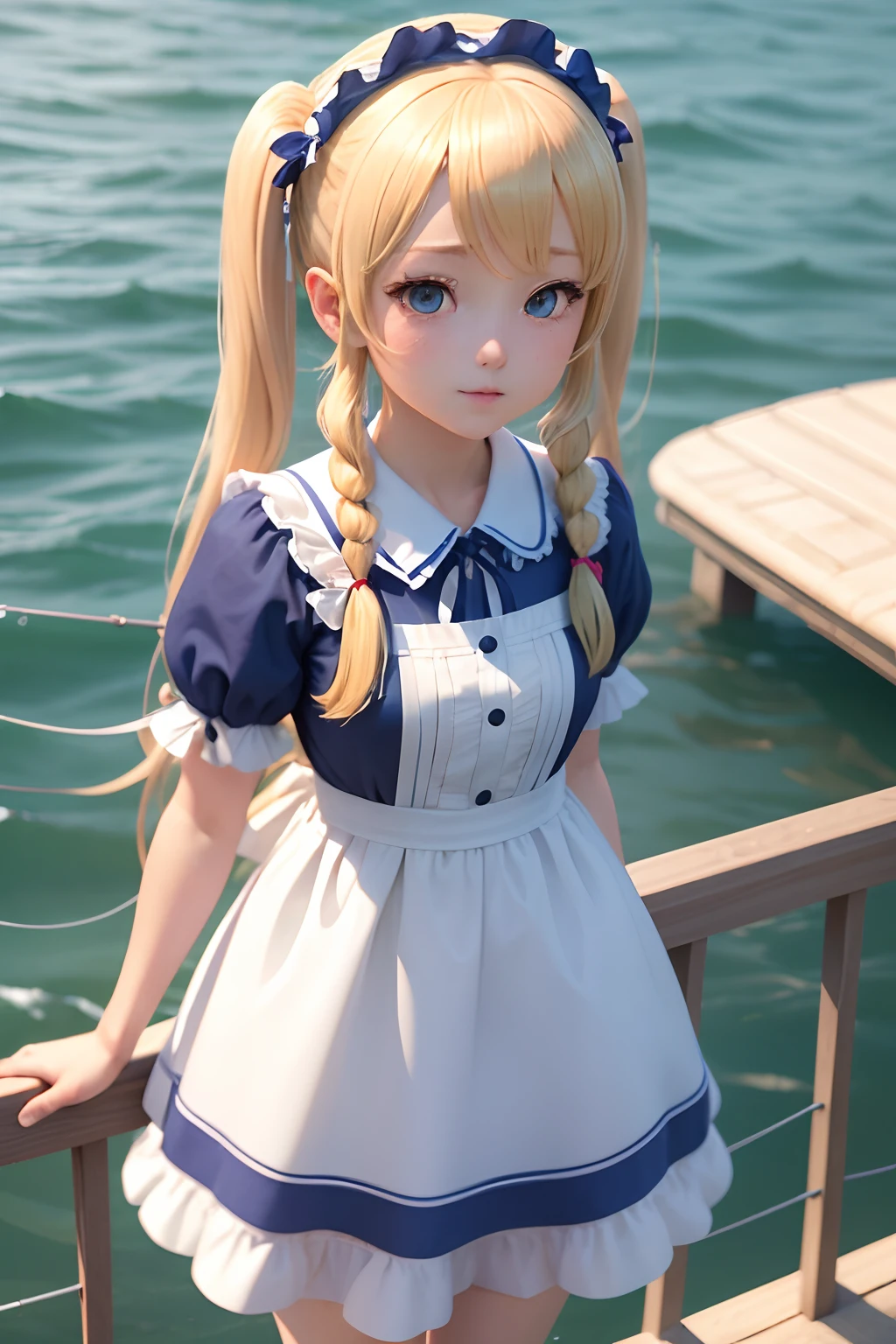 ( absurdly , High quality , ultra-detailliert ),Summer at noon、on the coast、(()),High school girl with long blonde twin tails、Blue Maid Clothes、with a red ribbon on the head,、3D anime girl rendering,Anime,great laughter,Strong Pose