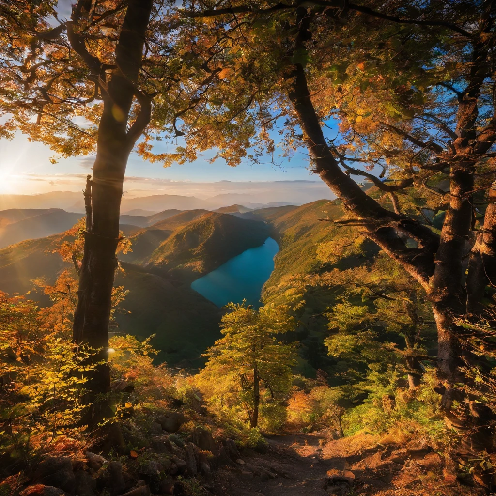 Alpine forest landscape photography，Rugged mountain roads，Clear and transparent lake，the trees，bushes，falling leaf，sun at dawn，Blurred vision，Cliffs and mountains，desolated，Aloneness，Cold，foggy sky，Not dazzling morning sun，Nightmare vision，Dark fantasy plot，Perfect and excellent composition，8K分辨率，the detail，limitations，Close-up ultra-wide angle shot，realisticlying，stunning skies,Colorful clouds float，true to life, Pubic area is clear, flawless perfection, Digital SLR, 1024, 2048, 4096, A detailed, Sharp, best qualtiy, high qulity, absurderes，unmanned background，The is very detailed、Detailed lighting shadows，Trends on ArtStation、iintricate、high detal、dramatics、（Volumetriclighting：1.2）hdr shot。（Close-up，Super deep view，ultra-wide-angle，Microfocal length lens：1.2）（realisticlying：1.4）tmasterpiece、high high quality、Beautiful photography，globalillumination