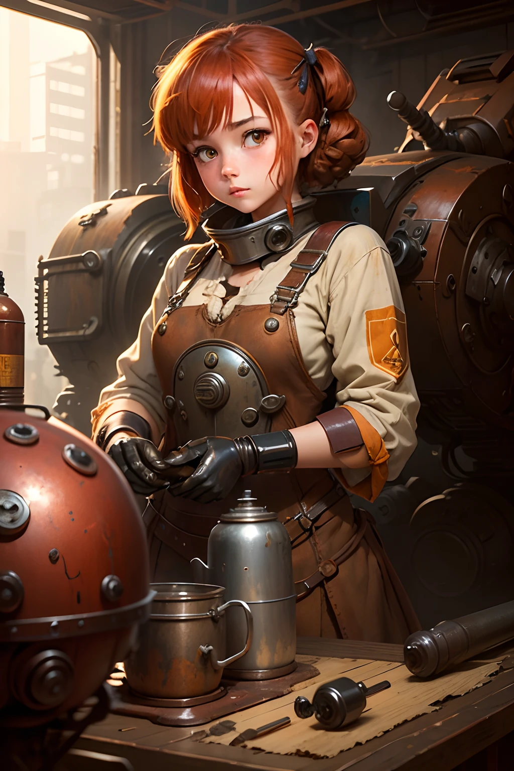 A girl is polishing a rusted vintage mecha