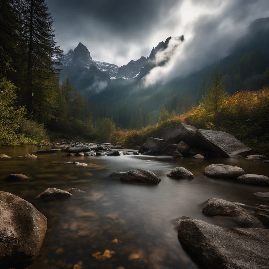 Alpine forest landscape photography，Rugged mountain roads，Clear and transparent lake，the trees，bushes，falling leaf，sun at dawn，Blurred vision，Cliffs and mountains，desolated，Aloneness，Cold，foggy sky，The morning sun that does not dazzle，Nightmare vision，Dark fantasy plot，Perfect and excellent composition，8K分辨率，the detail，limitations，Close-up ultra-wide angle shot，realisticlying，stunning skies,Colorful clouds float，true to life, Pubic area is clear, flawless perfection, Digital SLR, 1024, 2048, 4096, A detailed, Sharp, best qualtiy, high qulity, absurderes，unmanned background，The is very detailed、Detailed lighting shadows，Trends on ArtStation、iintricate、high detal、dramatics、（Volumetriclighting：1.2）hdr shot。（Close-up，Super deep view，ultra-wide-angle，Microfocal length lens：1.2）（realisticlying：1.4）tmasterpiece、high high quality、Beautiful photography，globalillumination