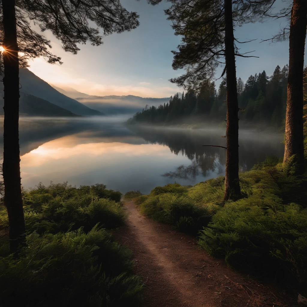 Alpine forest landscape photography,Rugged mountain roads,Clear and transparent lake,the trees,bushes,falling leaf,sun at dawn,Blurred vision,Cliffs and mountains,desolated,Aloneness,Cold,foggy sky,The morning sun that does not dazzle,Nightmare vision,Dark fantasy plot,Perfect and excellent composition,8K分辨率,the detail,limitations,Close-up ultra-wide angle shot,realisticlying,stunning skies,Colorful clouds float,true to life, Pubic area is clear, flawless perfection, Digital SLR, 1024, 2048, 4096, A detailed, Sharp, best qualtiy, high qulity, absurderes,unmanned background,The is very detailed、Detailed lighting shadows,Trends on ArtStation、iintricate、high detal、dramatics、(Volumetriclighting:1.2)hdr shot。(Close-up,Super deep view,ultra-wide-angle,Microfocal length lens:1.2)(realisticlying:1.4)tmasterpiece、high high quality、Beautiful photography,globalillumination